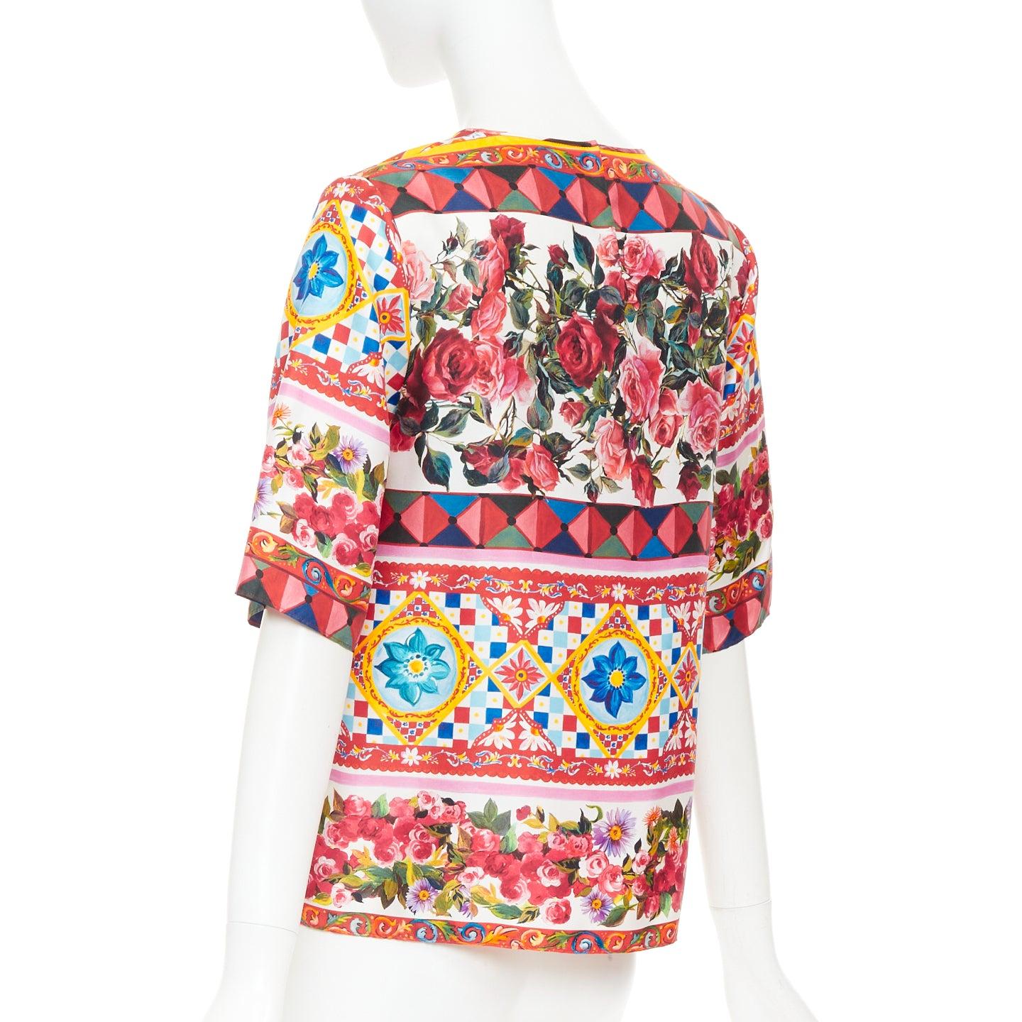 DOLCE GABBANA  Carretto Roses pink multicolor print silk crew top IT38 XS en vente 1