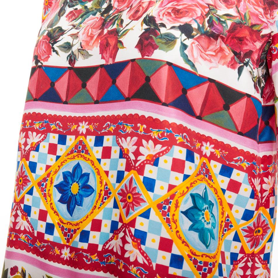 DOLCE GABBANA  Carretto Roses pink multicolor print silk crew top IT38 XS en vente 2