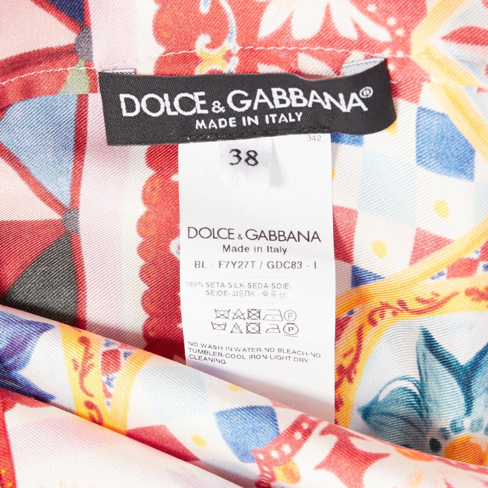 DOLCE GABBANA  Carretto Roses pink multicolor print silk crew top IT38 XS en vente 3