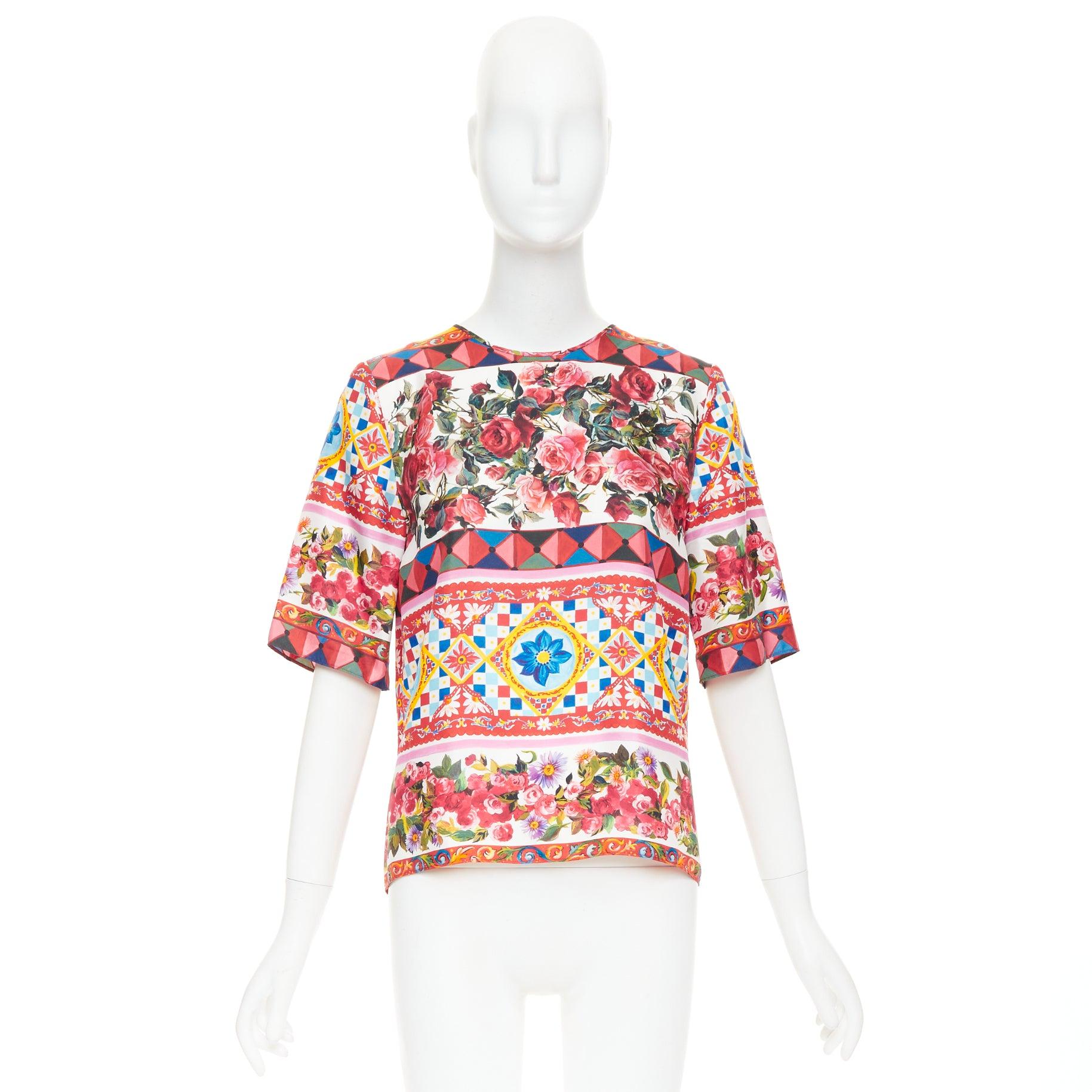 DOLCE GABBANA  Carretto Roses pink multicolor print silk crew top IT38 XS en vente 4