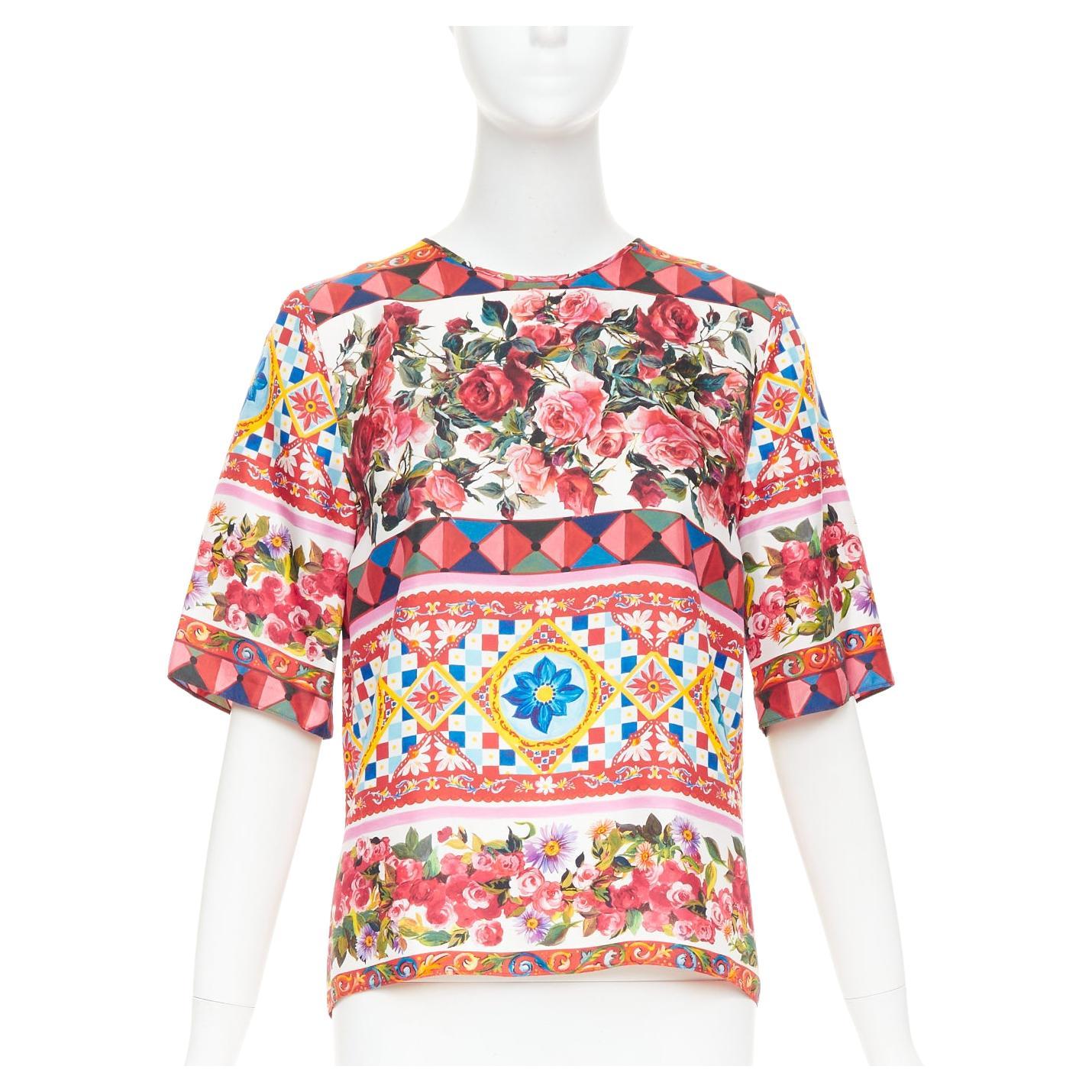DOLCE GABBANA  Carretto Roses pink multicolor print silk crew top IT38 XS