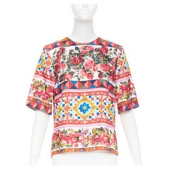 DOLCE GABBANA  Carretto Roses pink multicolor print silk crew top IT38 XS