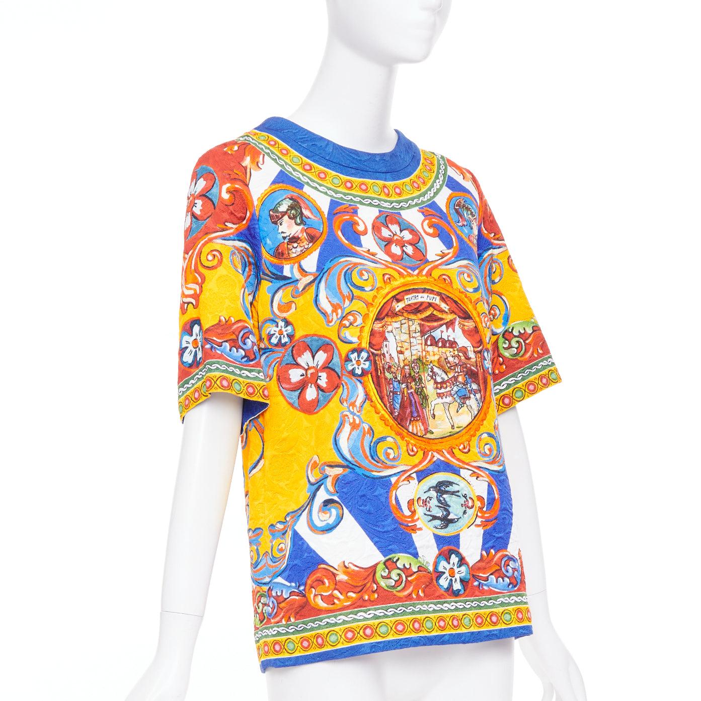 Beige DOLCE GABBANA Carretto Siciliano giallo blu stampa jacquard top tunica IT40 S in vendita