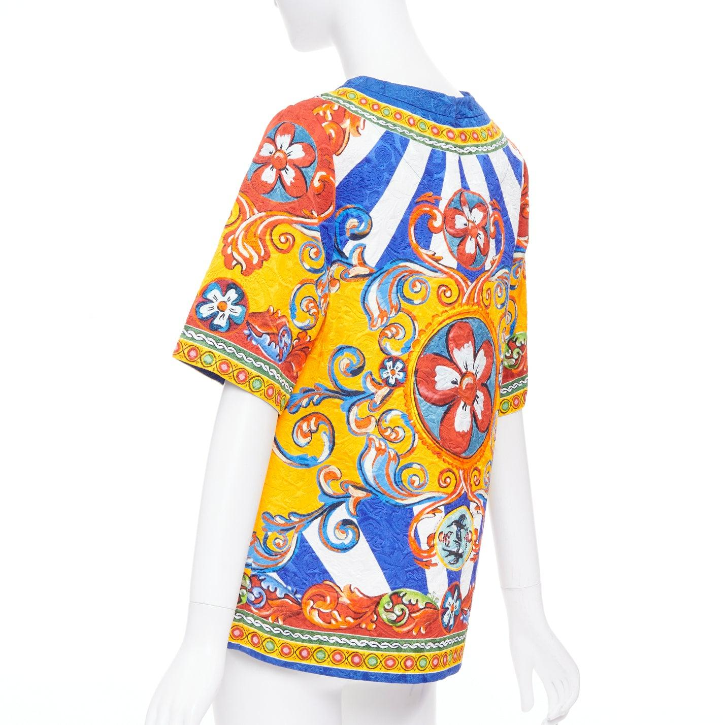 DOLCE GABBANA Carretto Siciliano giallo blu stampa jacquard top tunica IT40 S in vendita 1