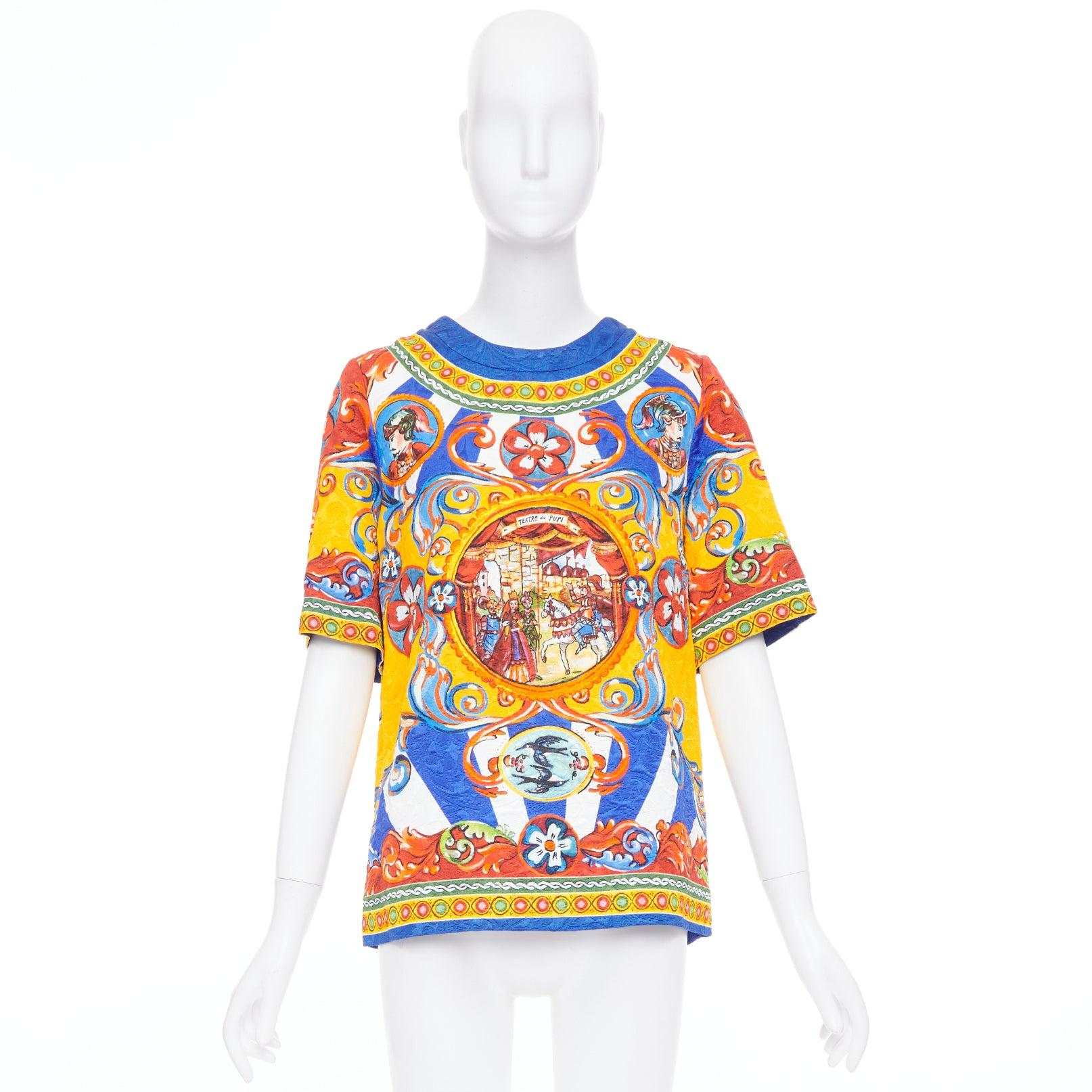 DOLCE GABBANA Carretto Siciliano giallo blu stampa jacquard top tunica IT40 S in vendita 4