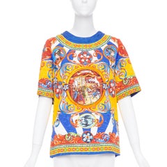 DOLCE GABBANA Carretto Siciliano giallo blu stampa jacquard top tunica IT40 S