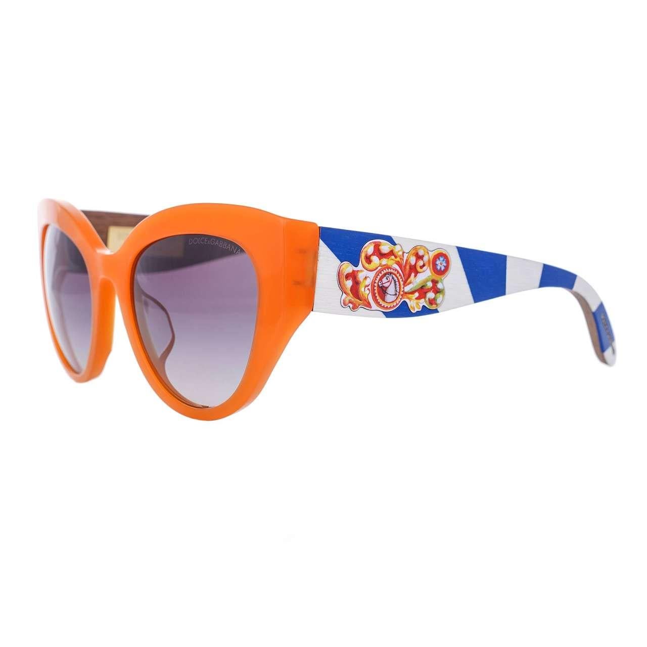 - Cat Eye Sunglasses DG 4278 with Carretto pattern and wood elements in orange, blue and white by DOLCE & GABBANA - MADE IN ITALY - New with Case - Model: DG 4278 - Color Frame: Orange / Blue / White - Color Lense: Faded brown - Material Frame: 50%