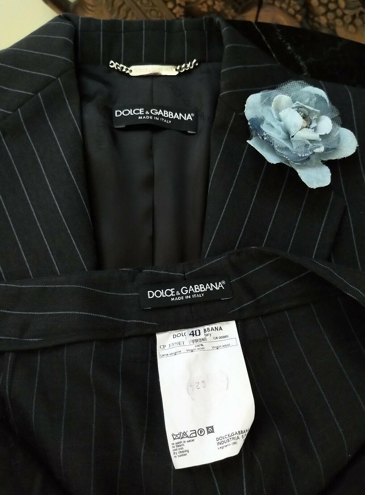 Dolce & Gabbana Charcoal Black & Sky Blue Pinstripe Jacket Pant Suit IT 40/ US 4 For Sale 4