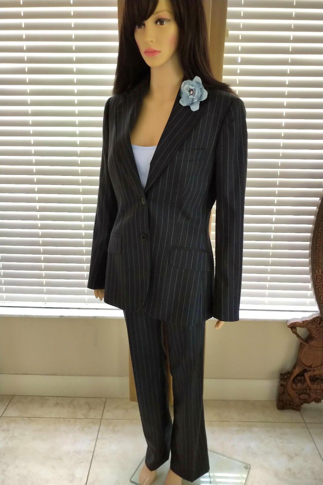 Dolce & Gabbana Charcoal Black & Sky Blue Pinstripe Jacket Pant Suit IT 40/ US 4 For Sale 2