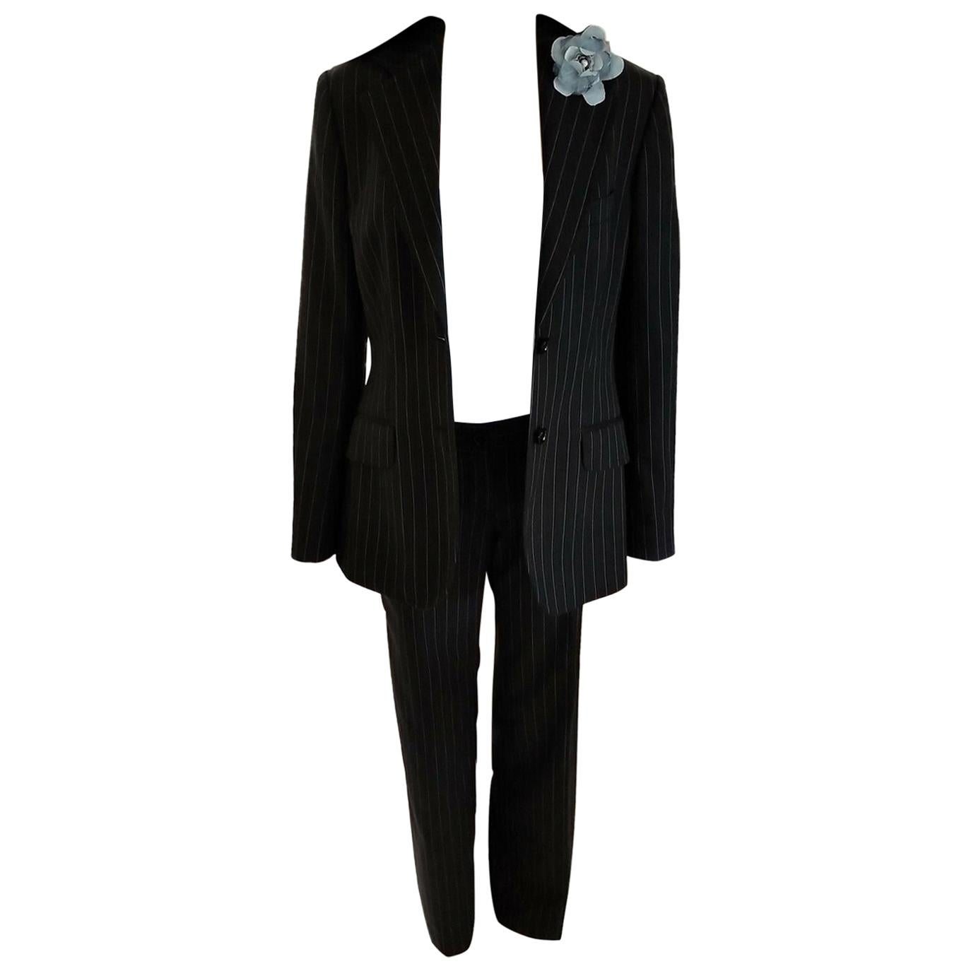 Dolce & Gabbana Charcoal Black & Sky Blue Pinstripe Jacket Pant Suit IT 40/ US 4 For Sale