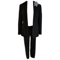 Dolce & Gabbana Charcoal Black & Sky Blue Pinstripe Jacket Pant Suit IT 40/ US 4