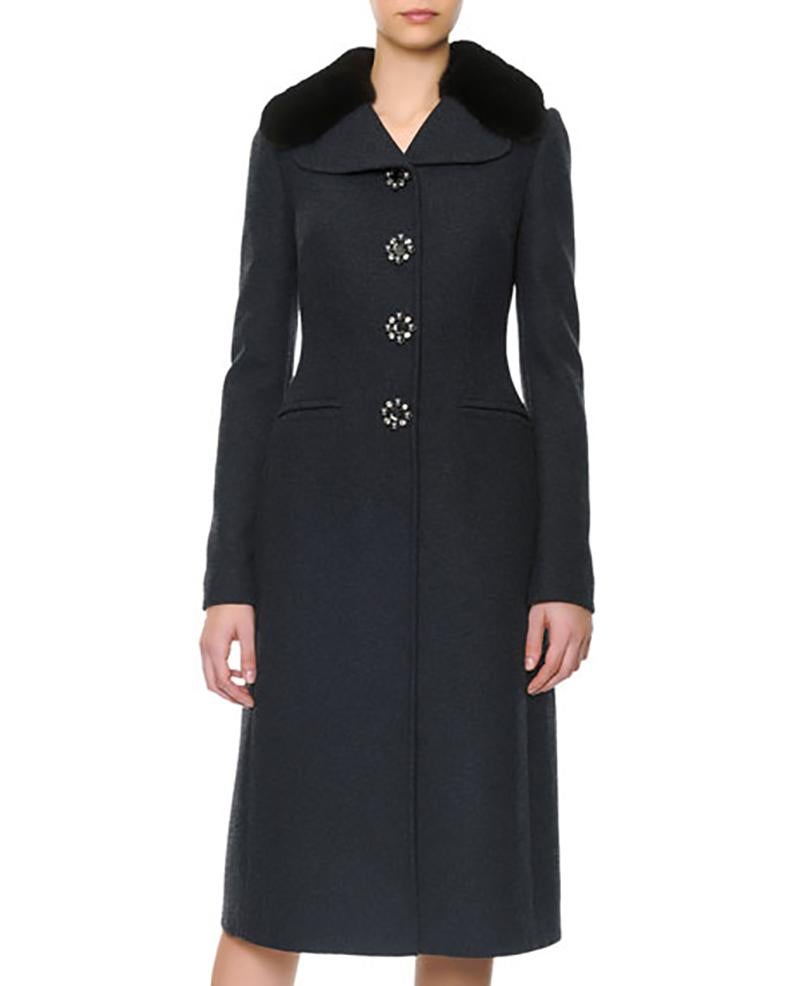 Black Dolce & Gabbana Charcoal Grey Mink Collar Wool Coat with Jewel Buttons - S