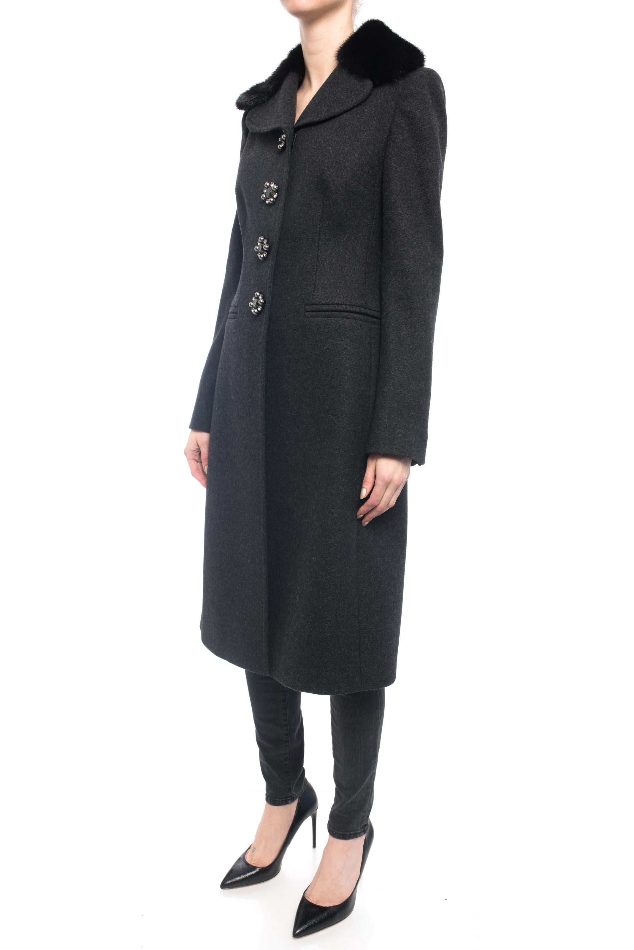 Dolce & Gabbana Charcoal Grey Mink Collar Wool Coat with Jewel Buttons - S In Excellent Condition In Toronto, ON