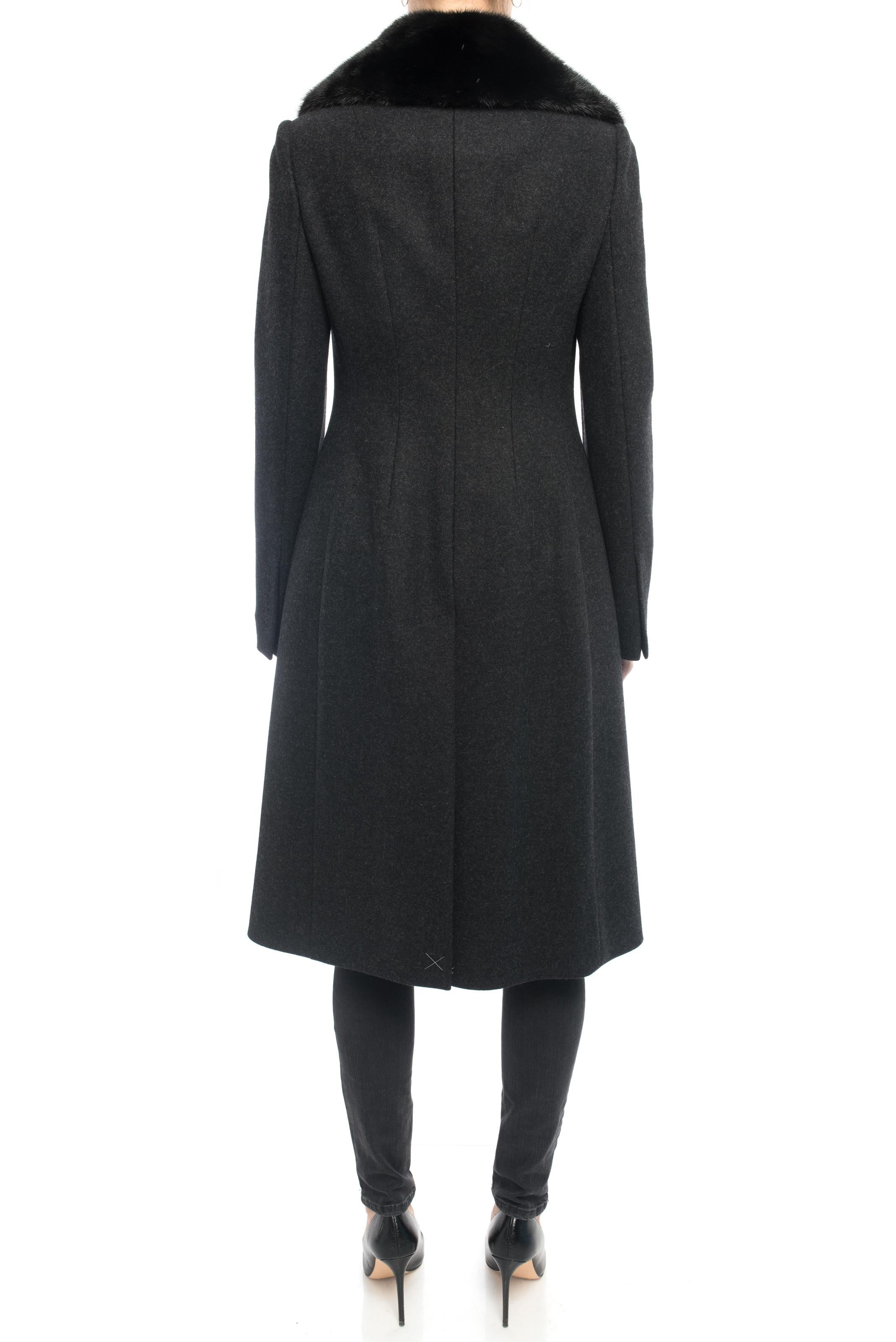 Women's Dolce & Gabbana Charcoal Grey Mink Collar Wool Coat with Jewel Buttons - S