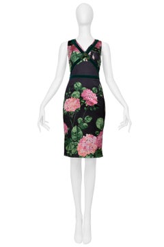 Dolce & Gabbana Charcoal Satin Dress With Pink Floral Print And Emerald Brooch