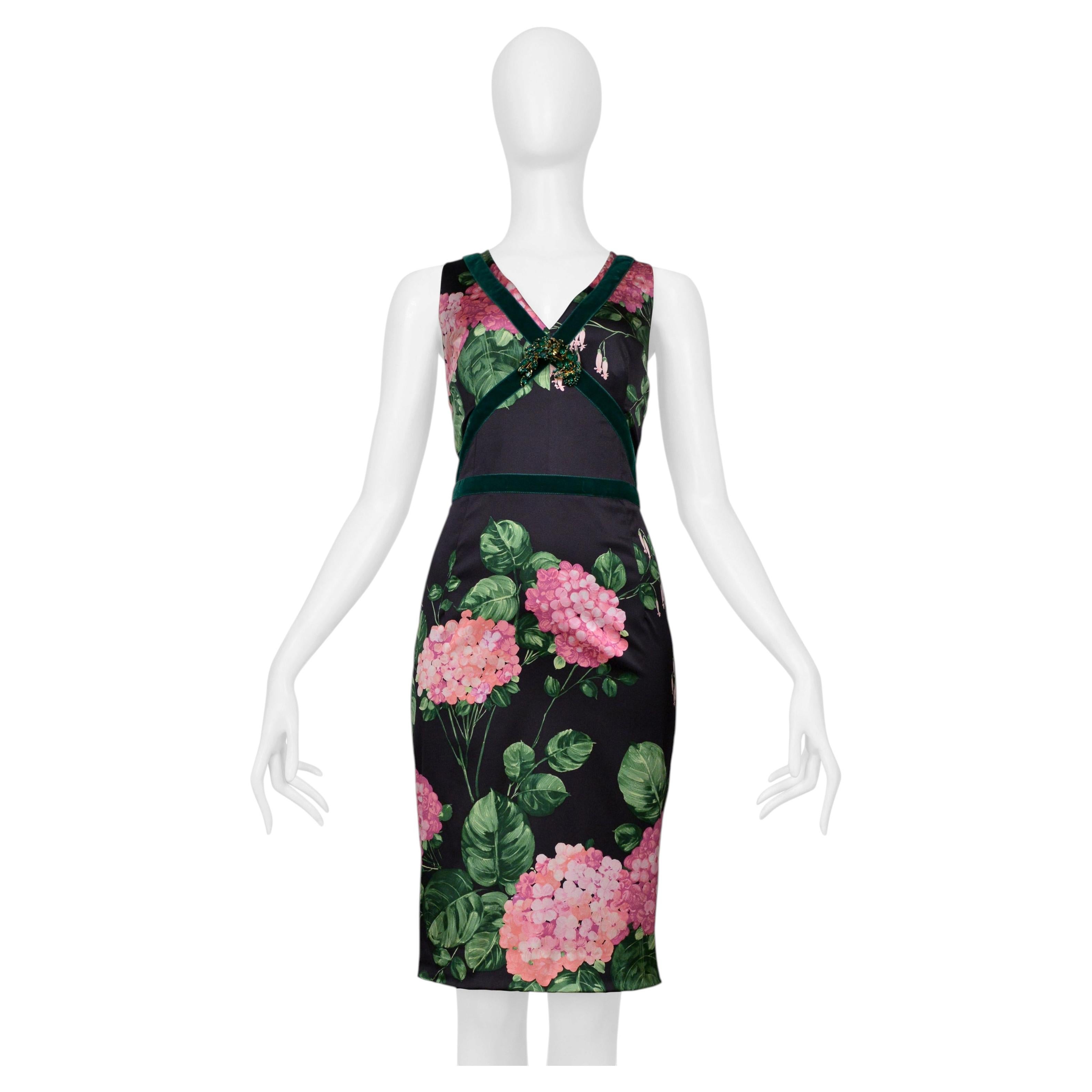 Dolce & Gabbana Charcoal Satin Dress With Pink Floral Print And Emerald Brooch For Sale
