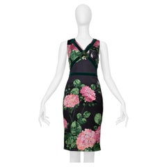 Dolce & Gabbana Charcoal Satin Dress With Pink Floral Print And Emerald Brooch