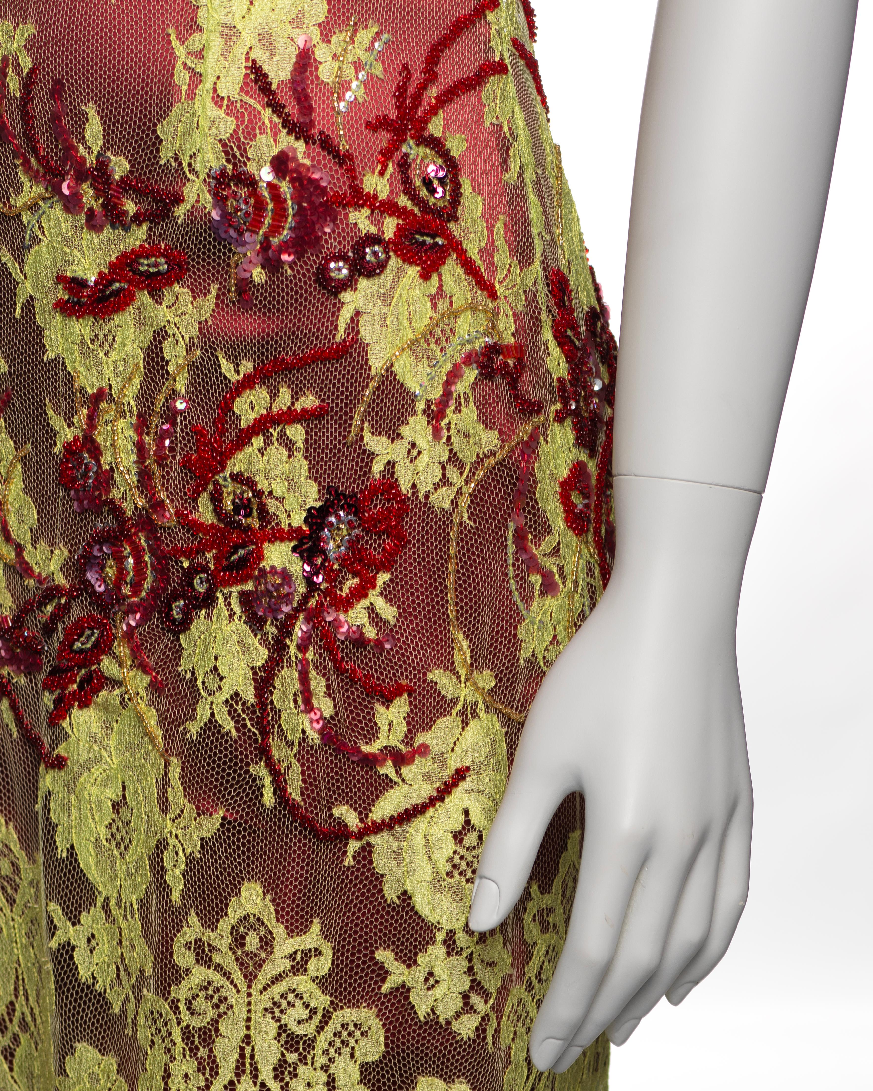Dolce & Gabbana Chartreuse Lace Mini Dress with Red Bead Embroidery, FW 1999 For Sale 5