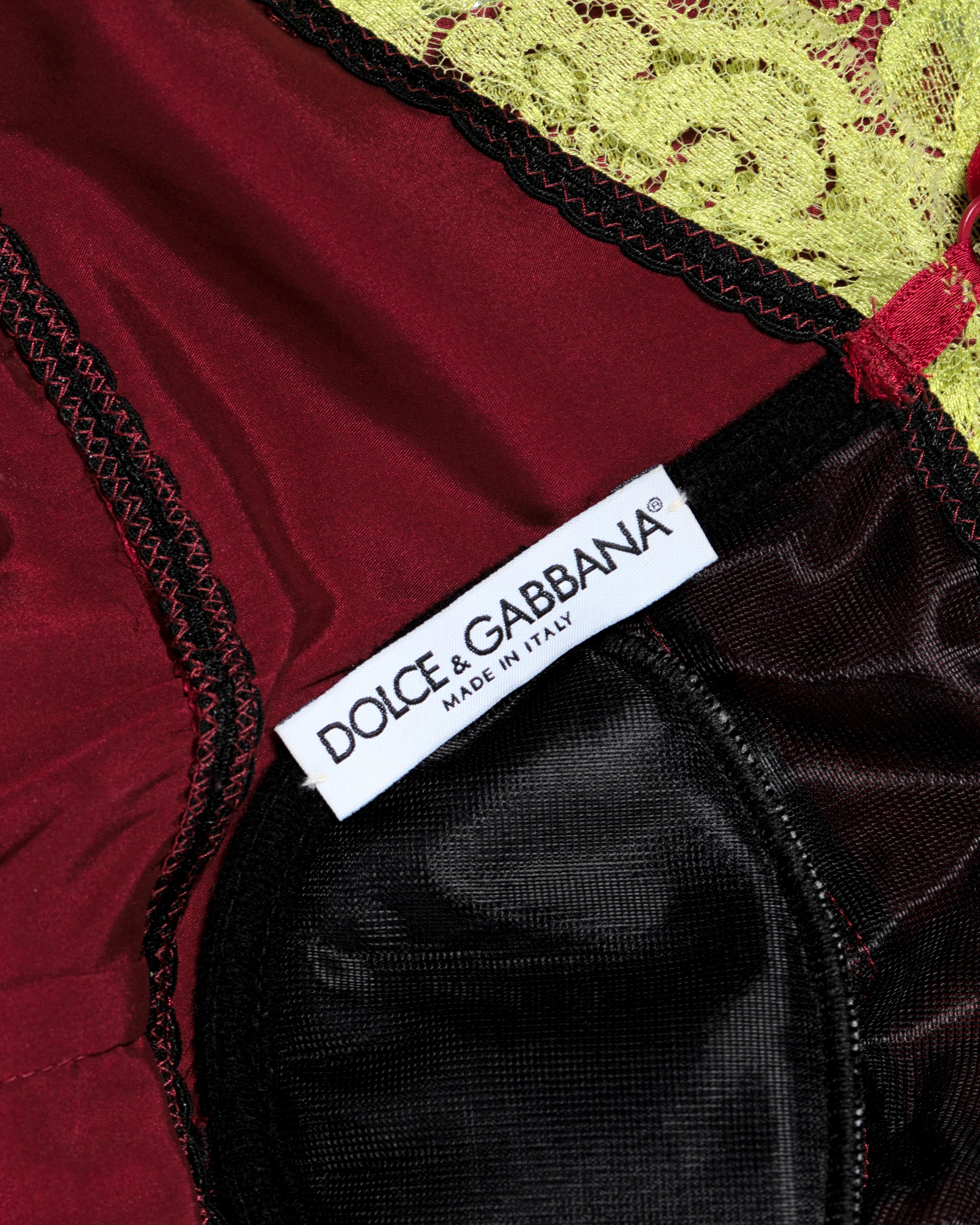 Dolce & Gabbana Chartreuse Lace Mini Dress with Red Bead Embroidery, FW 1999 For Sale 6