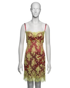 Dolce & Gabbana Chartreuse Lace Mini Dress with Red Bead Embroidery, FW 1999