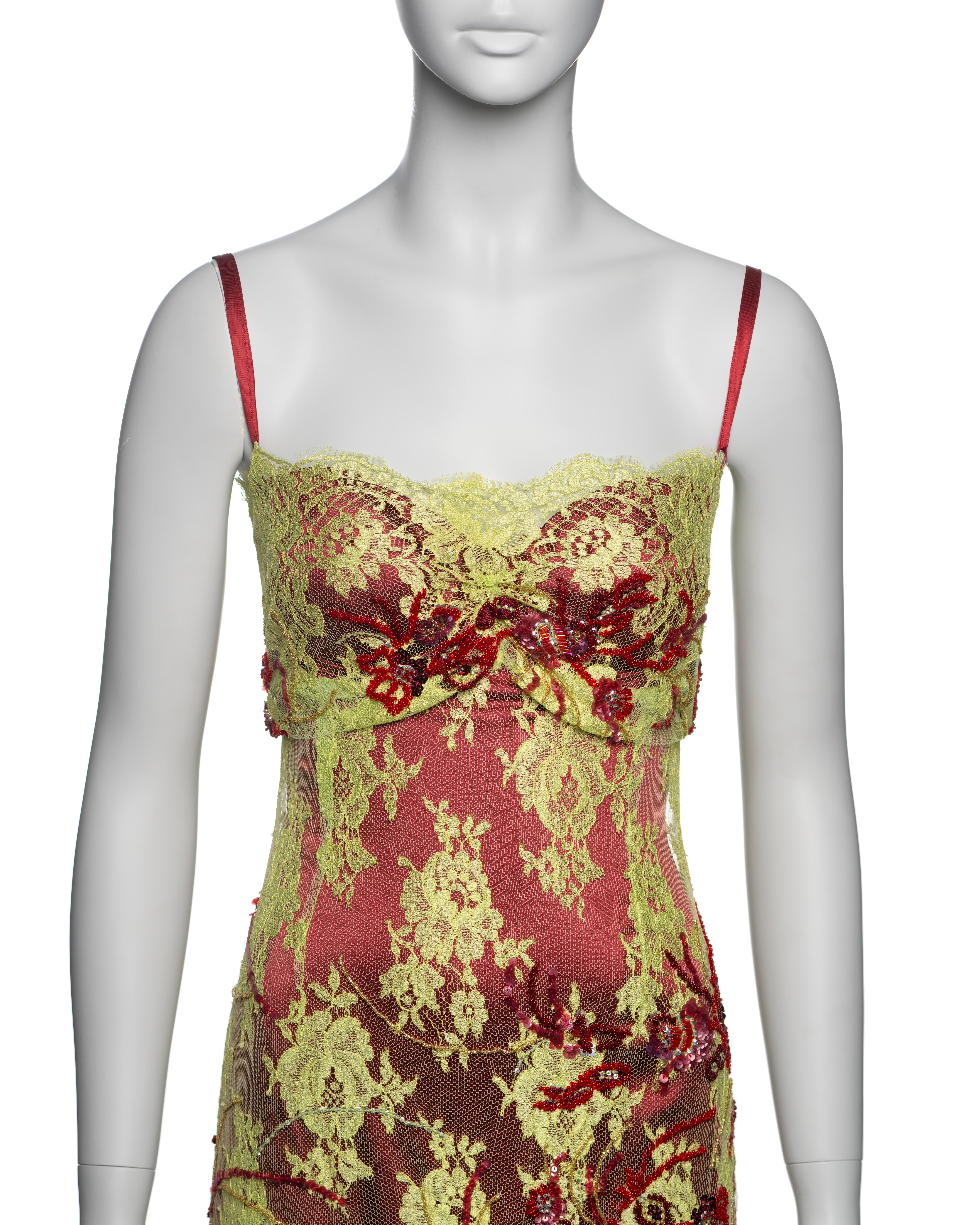 Green Dolce & Gabbana Chartreuse Lace Mini Dress with Red Bead Embroidery, FW 1999 For Sale