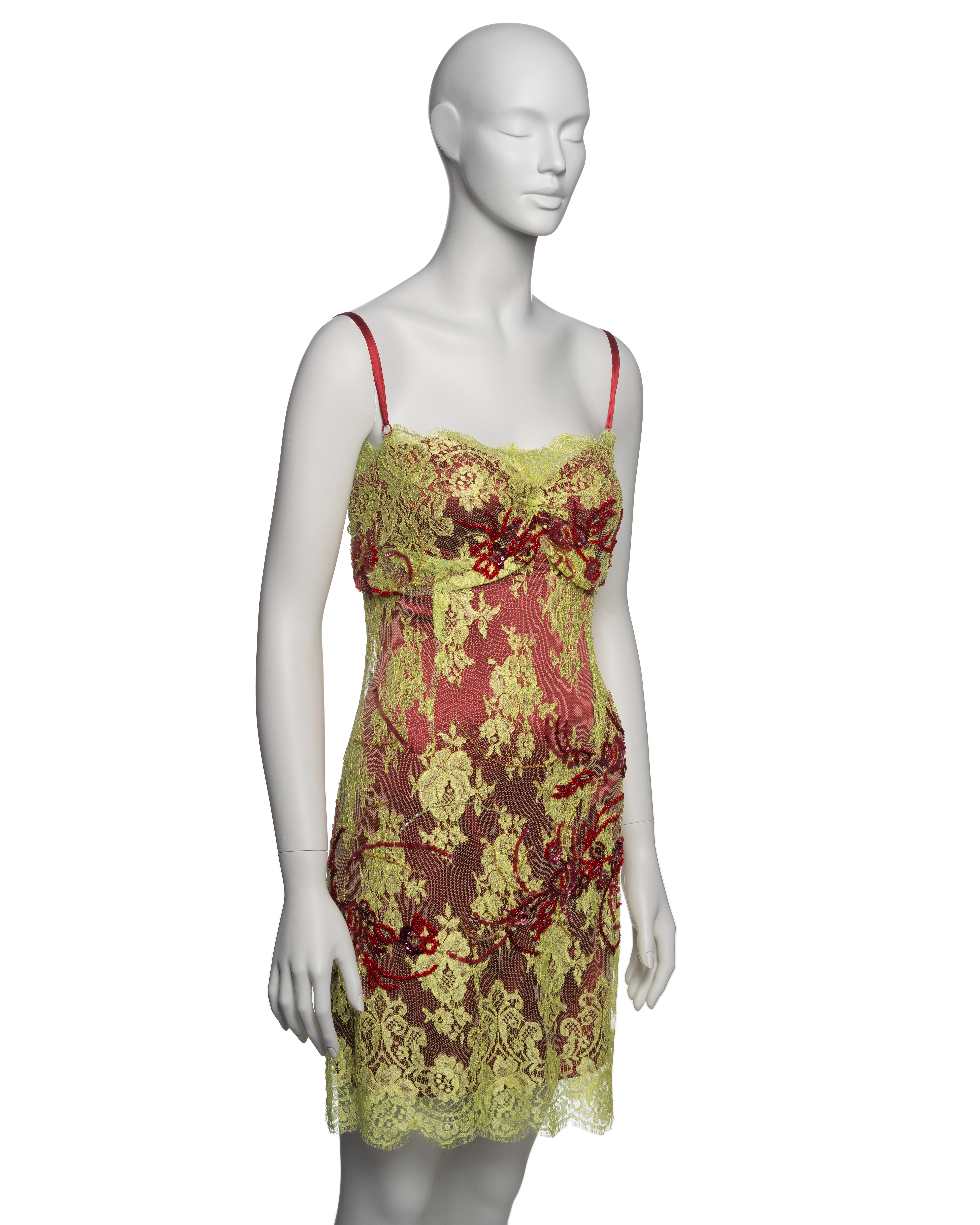 Dolce & Gabbana Chartreuse Lace Mini Dress with Red Bead Embroidery, FW 1999 In Excellent Condition For Sale In London, GB