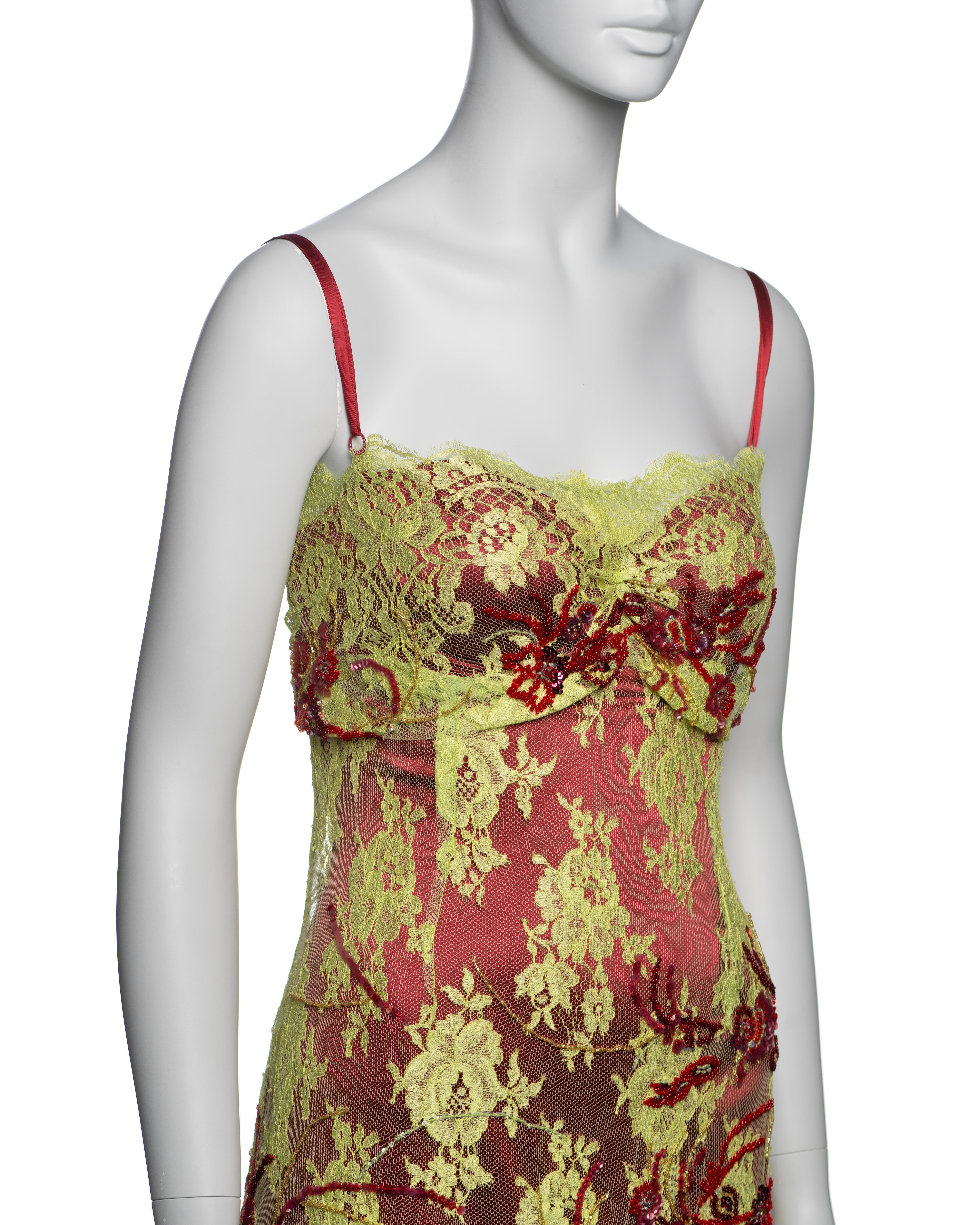 Women's Dolce & Gabbana Chartreuse Lace Mini Dress with Red Bead Embroidery, FW 1999 For Sale
