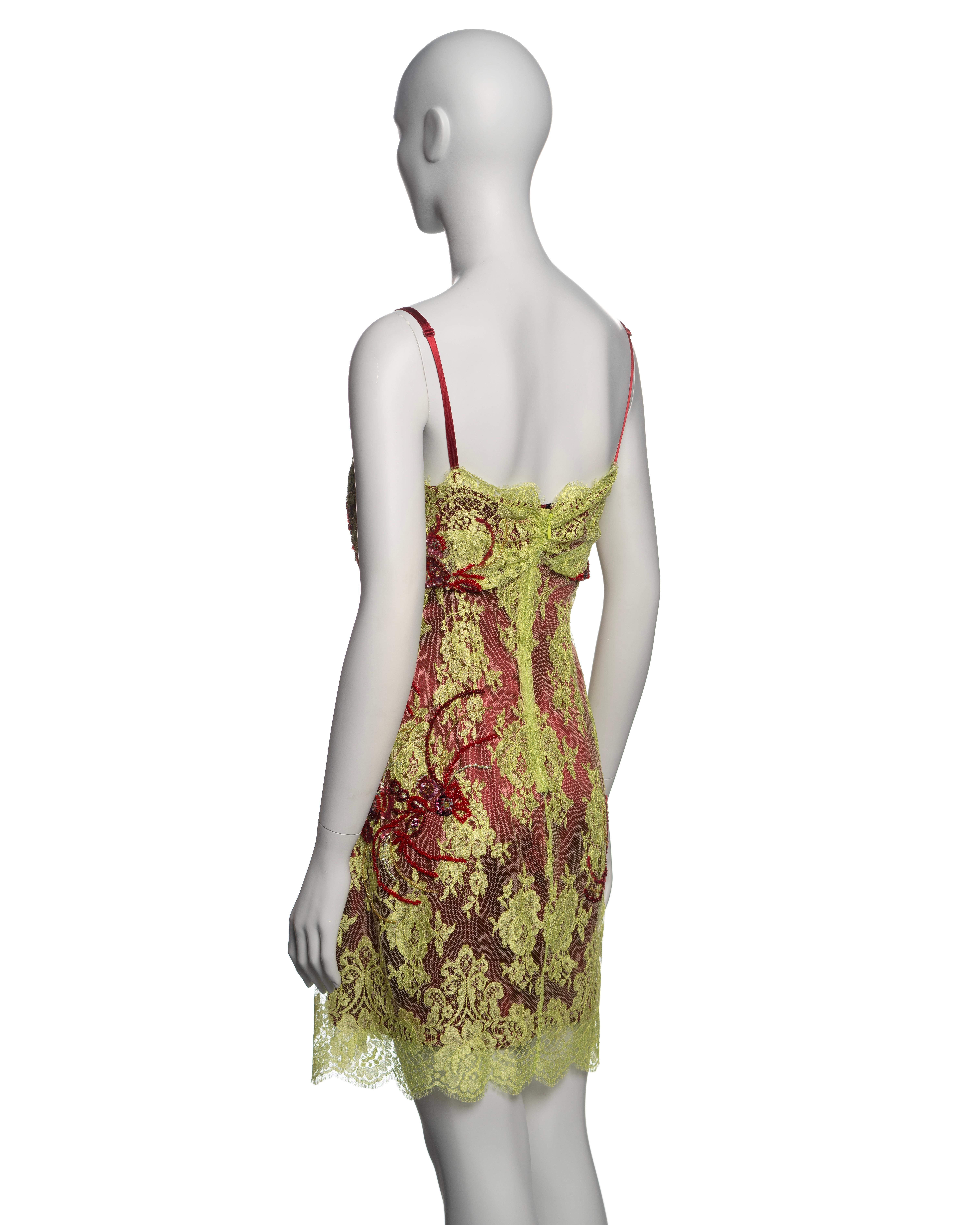 Dolce & Gabbana Chartreuse Lace Mini Dress with Red Bead Embroidery, FW 1999 For Sale 1