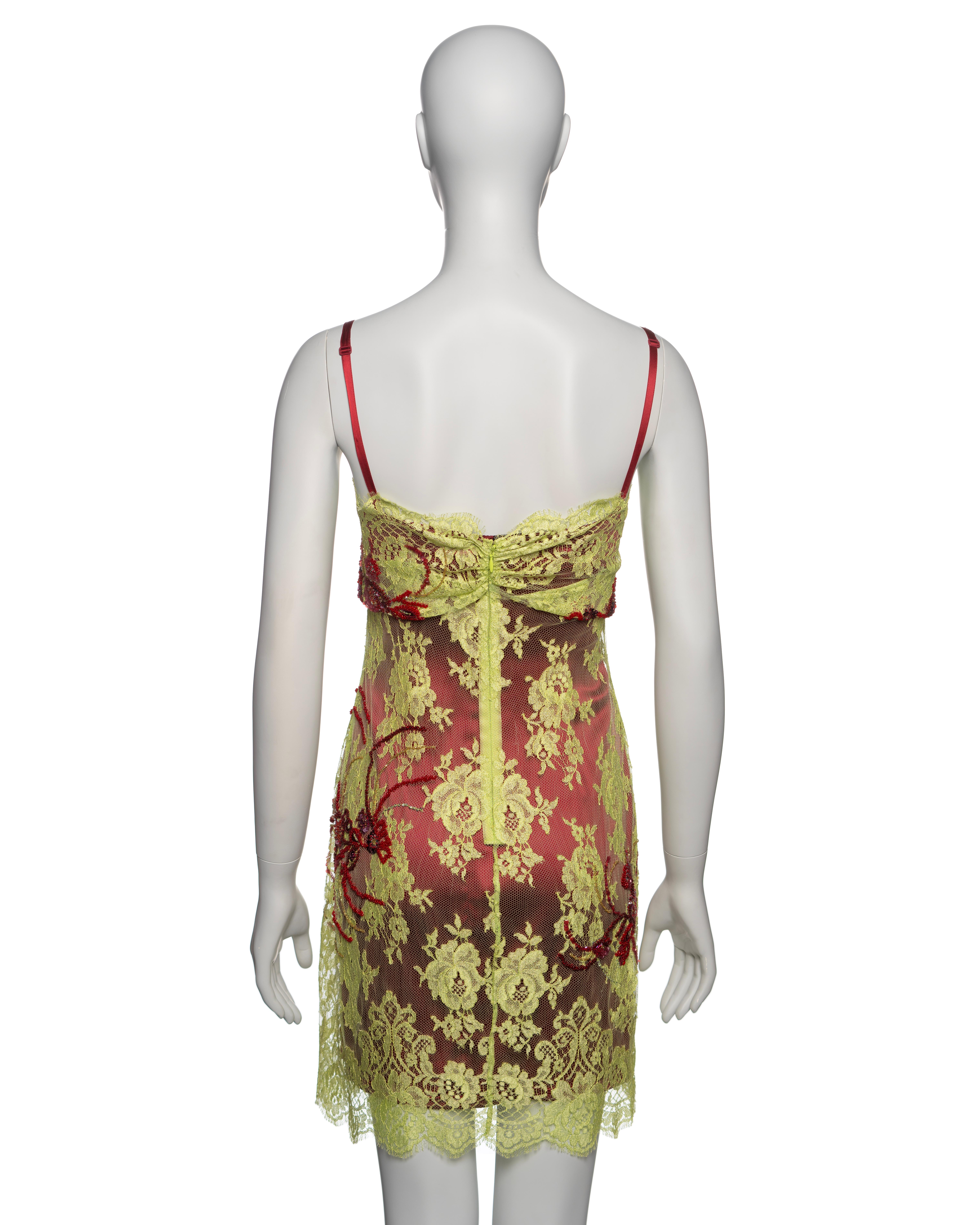 Dolce & Gabbana Chartreuse Lace Mini Dress with Red Bead Embroidery, FW 1999 For Sale 2