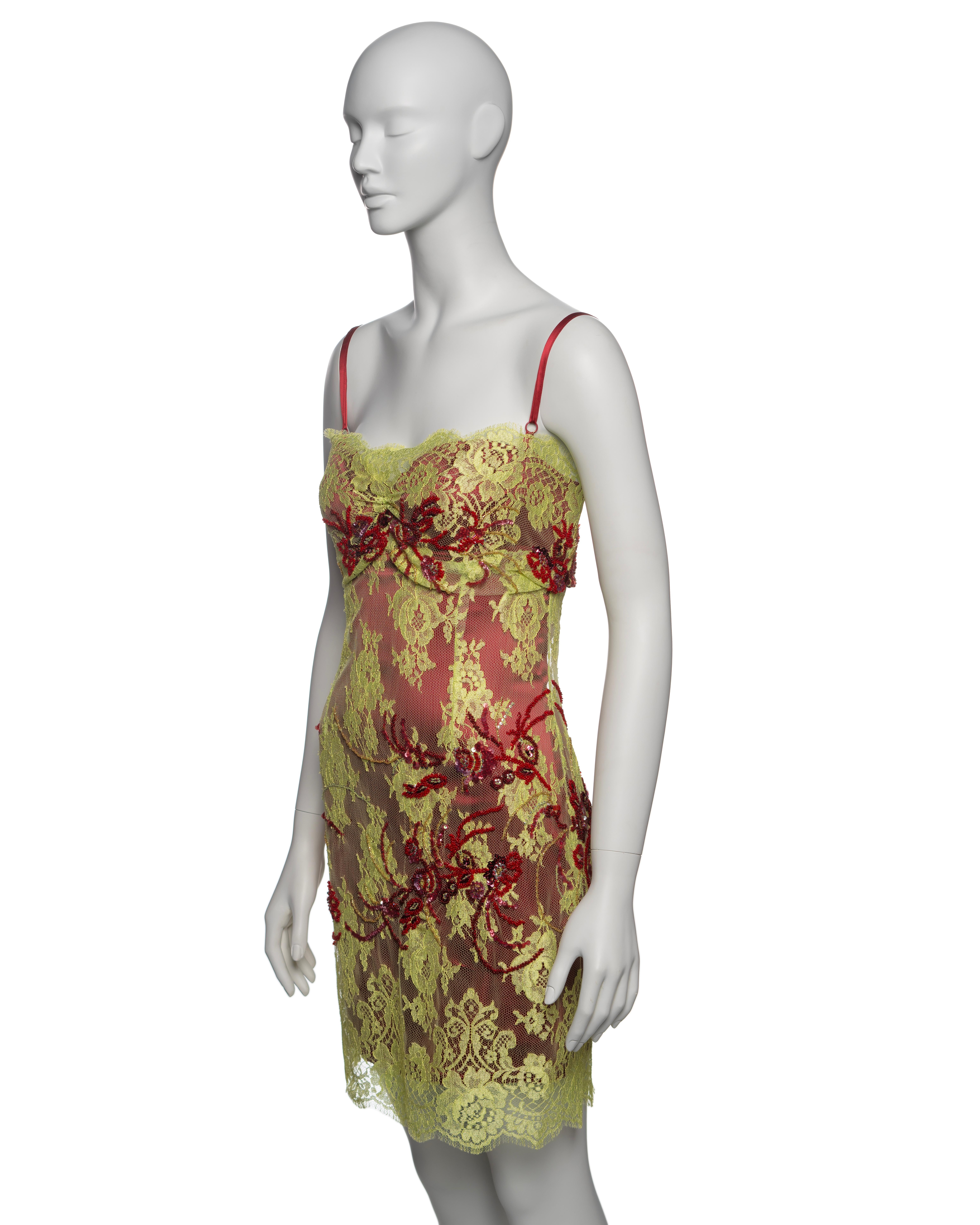 Dolce & Gabbana Chartreuse Lace Mini Dress with Red Bead Embroidery, FW 1999 For Sale 3