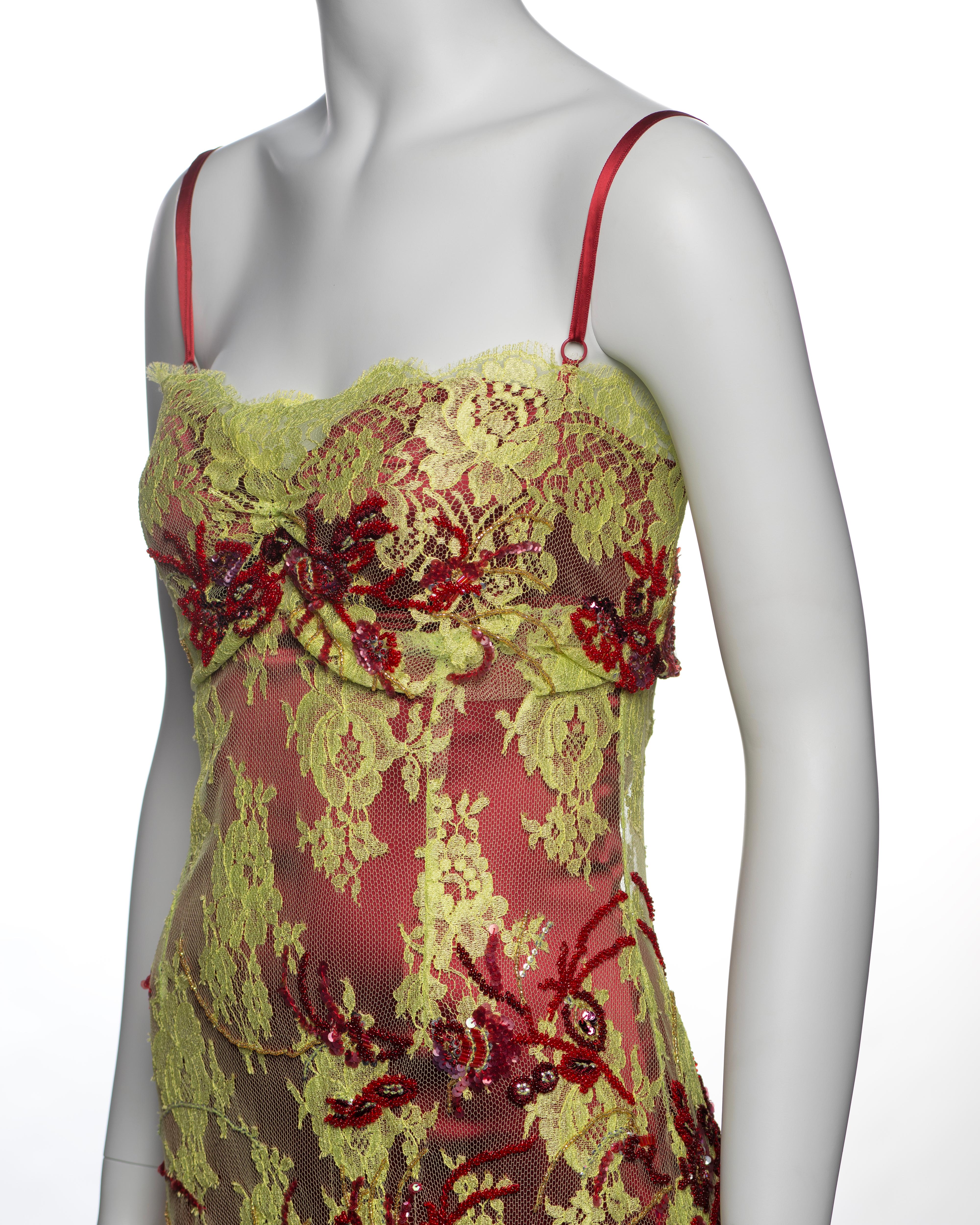 Dolce & Gabbana Chartreuse Lace Mini Dress with Red Bead Embroidery, FW 1999 For Sale 4