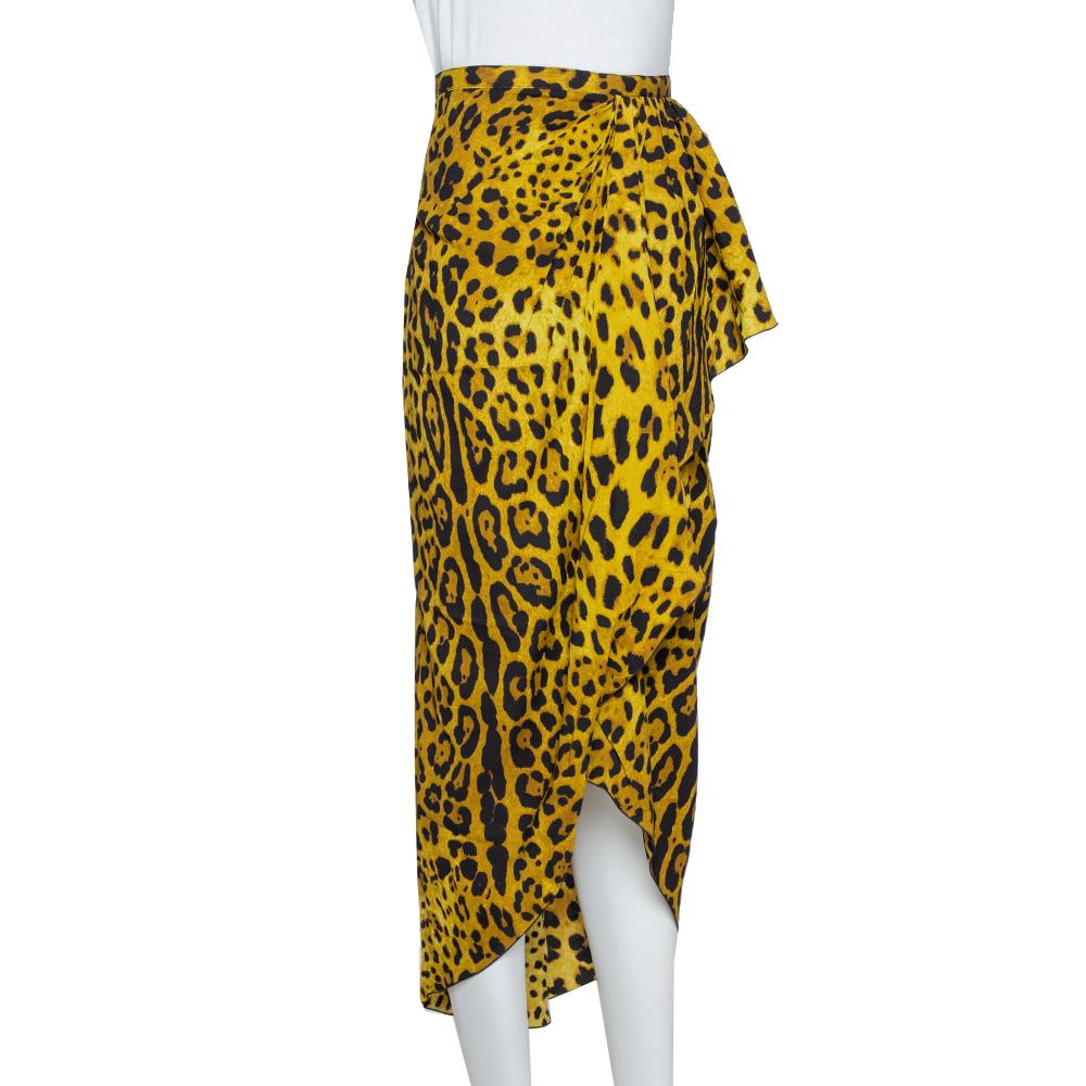 Brown Dolce & Gabbana Chartreuse Leopard Print Silk Draped Midi Skirt L