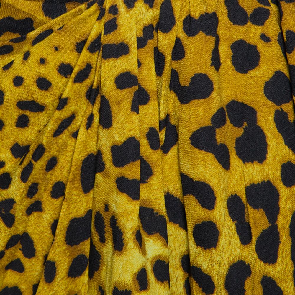 Dolce & Gabbana Chartreuse Leopard Print Silk Draped Midi Skirt L In Excellent Condition In Dubai, Al Qouz 2