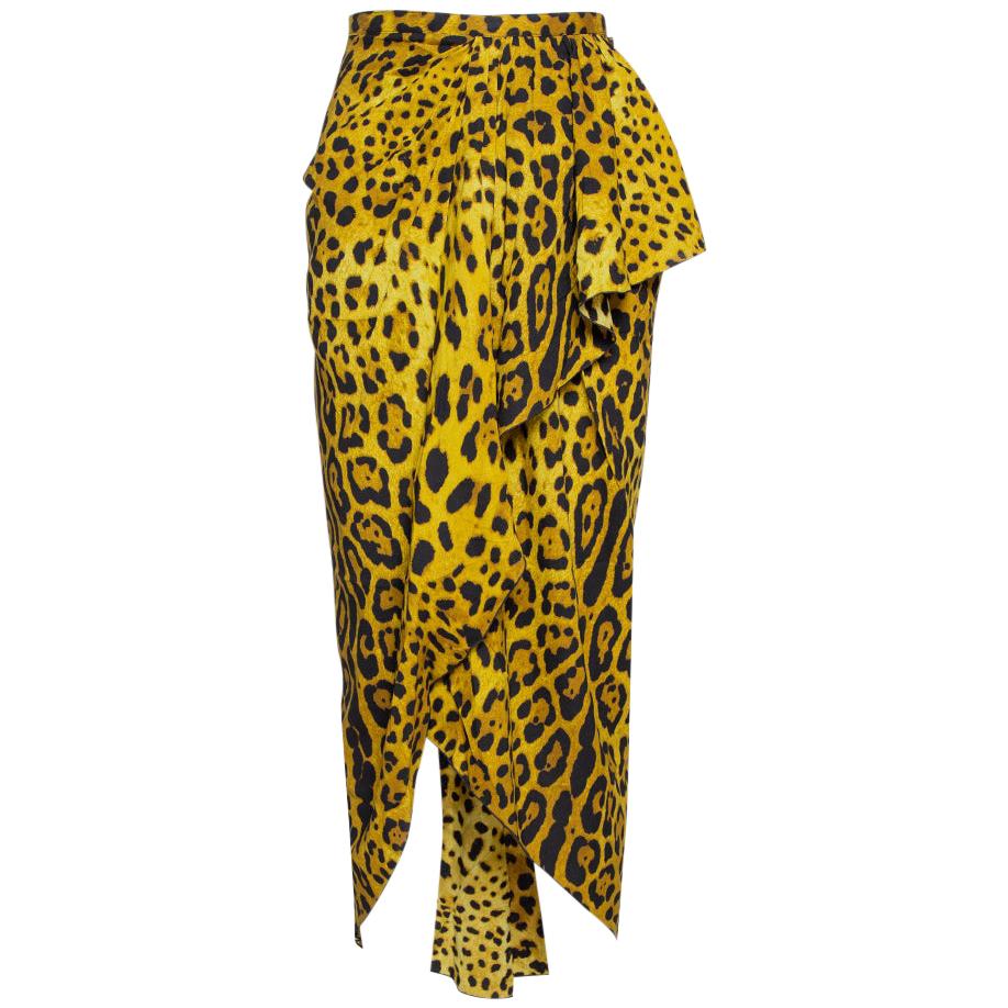 Dolce & Gabbana Chartreuse Leopard Print Silk Draped Midi Skirt L