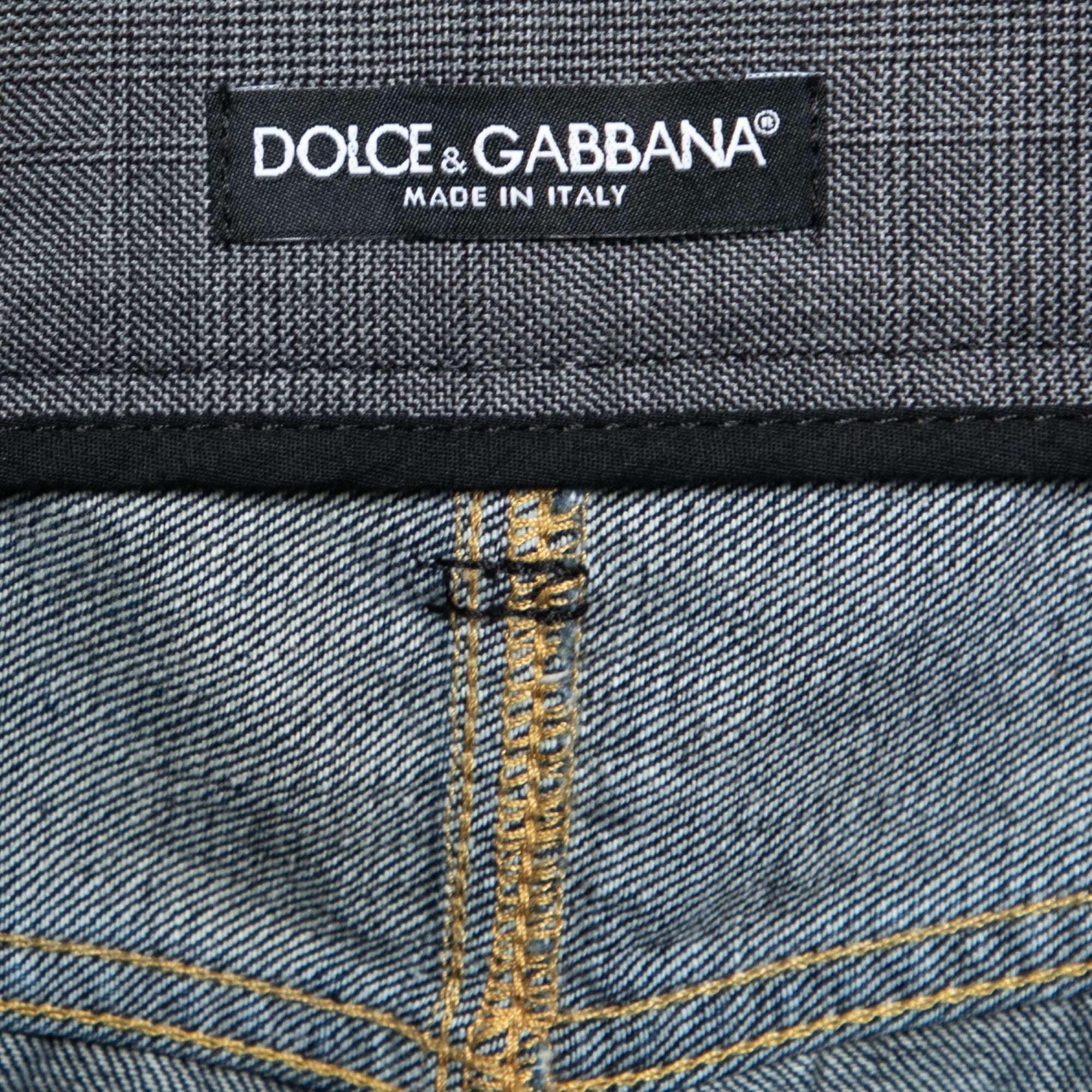  Dolce & Gabbana Checkered Cotton & Distressed Denim Paneled Pants S In Good Condition For Sale In Dubai, Al Qouz 2