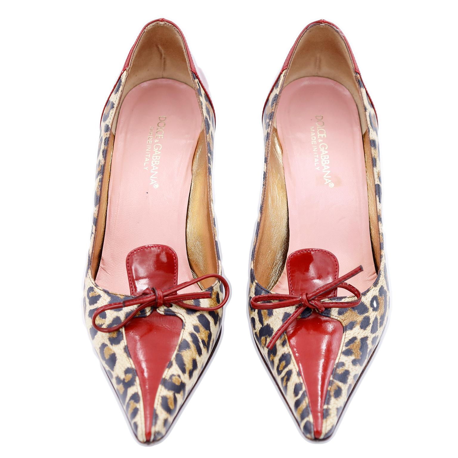 Dolce & Gabbana Gepard Leopard Druck Schuhe W Rot Leder Trim im Zustand „Gut“ im Angebot in Portland, OR