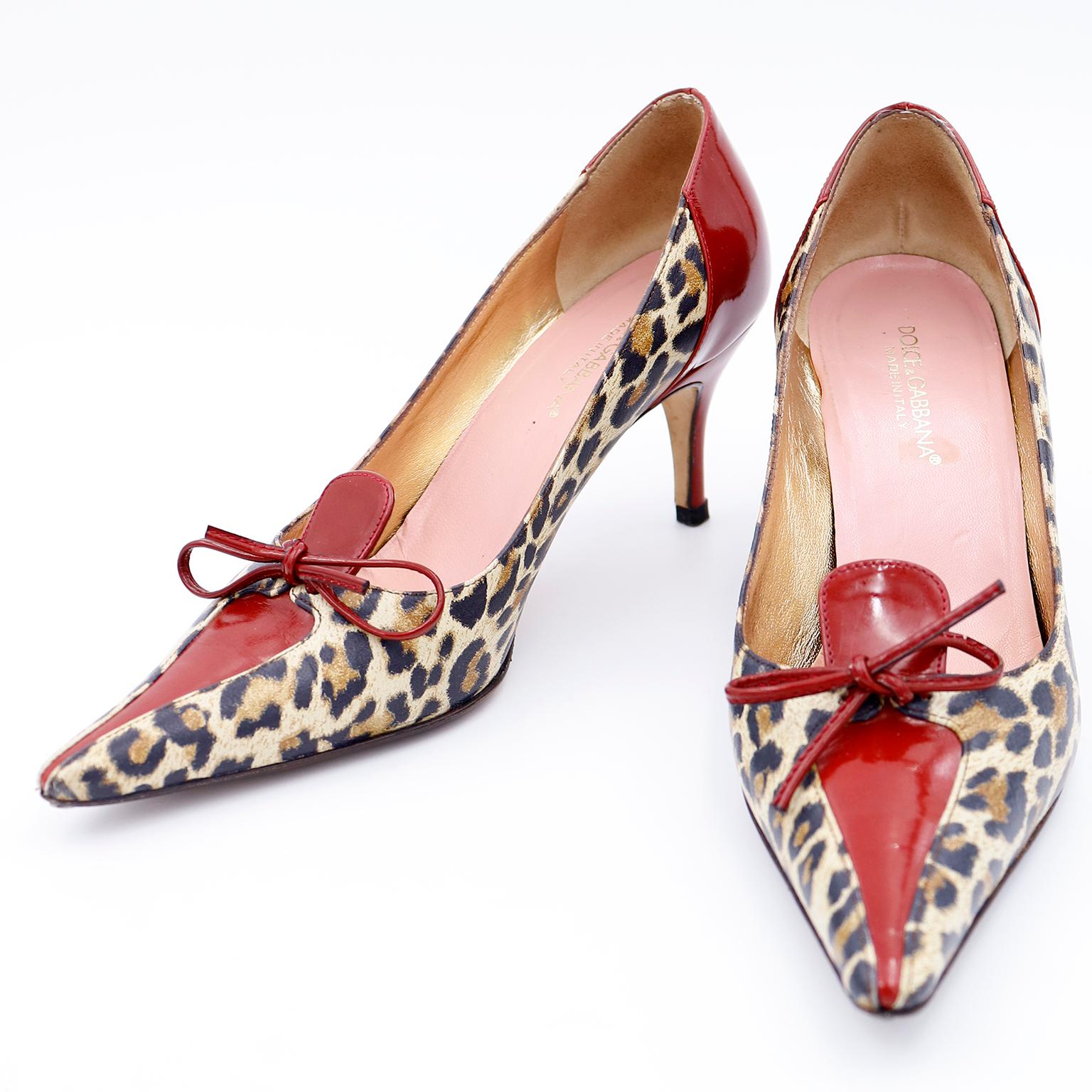 Dolce & Gabbana Gepard Leopard Druck Schuhe W Rot Leder Trim Damen im Angebot
