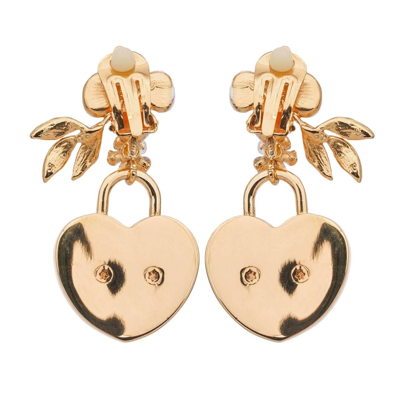 - Cherry flower Clip Earrings adorned with heart lockets in gold and pink by DOLCE & GABBANA - RUNWAY - Dolce & Gabbana Fashion Show - New with Box - Made in Italy - Gold-plated brass - Clip fastening - Nickel free - Model: WEK2X4-W1111-ZOO00 -