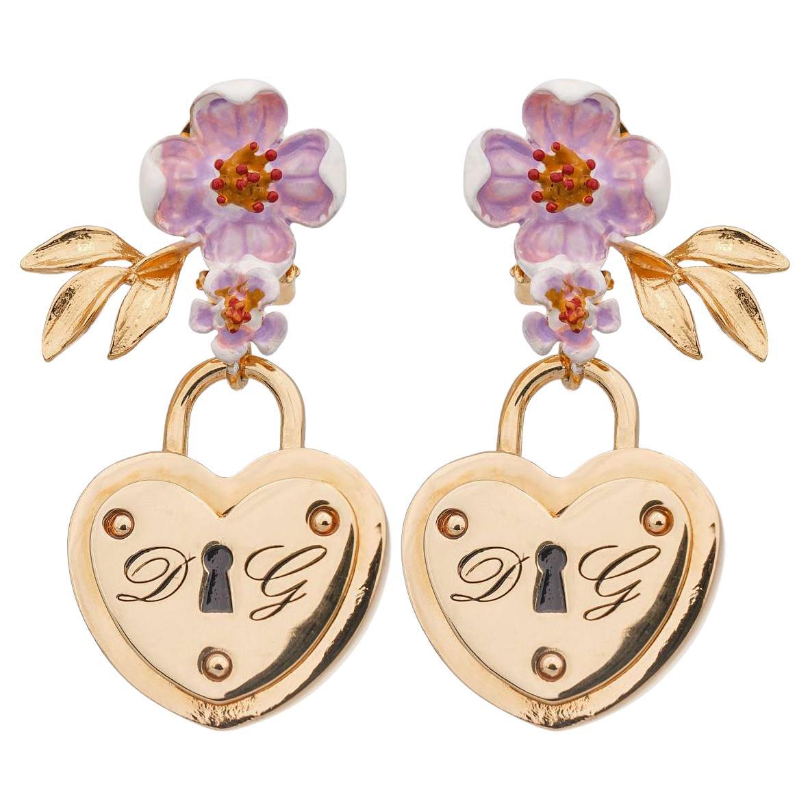 Dolce & Gabbana - Cherry Flower Heart Locket Clip Earrings Gold Pink For Sale