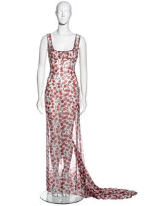 Dolce & Gabbana cherry print silk chiffon evening dress with train, fw 1996