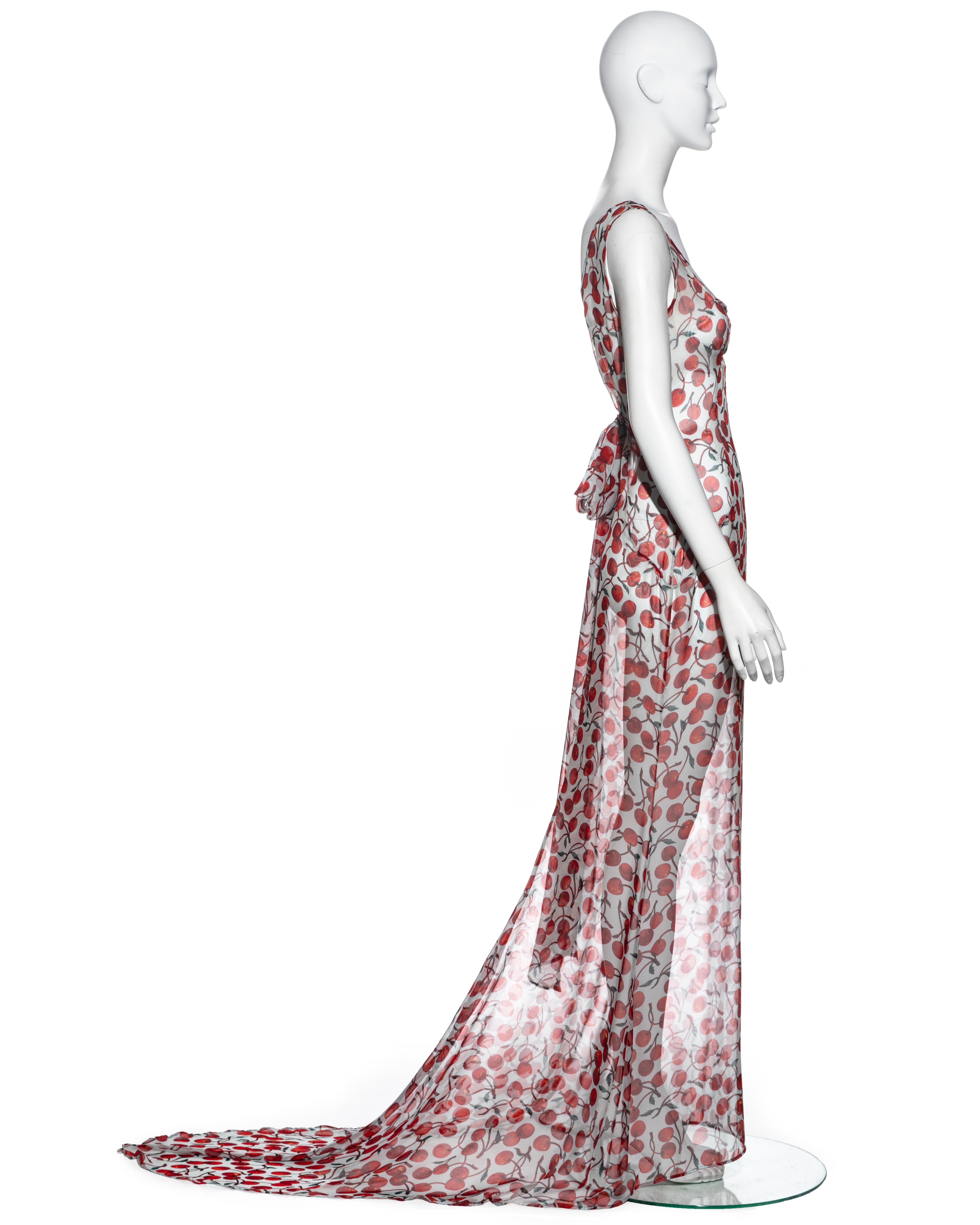 Dolce & Gabbana cherry print silk chiffon evening dress with train, fw 1996 In Excellent Condition In London, GB