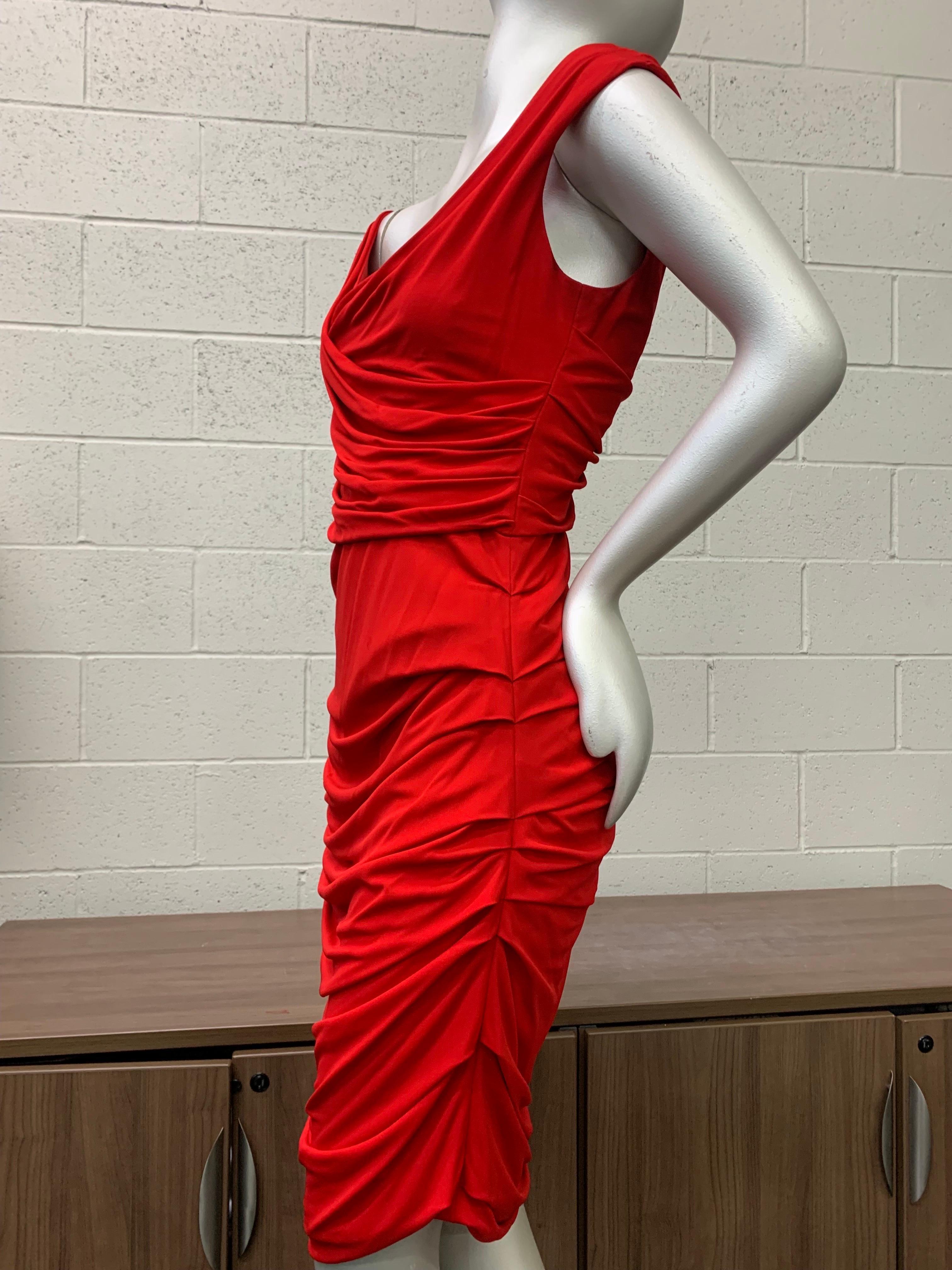 Dolce & Gabbana Cherry Red Ruched and Draped Matte Jersey Sheath Dress. Fully lined. Sexy, body-conscious, loosely draped classic chic. Back zipper. New, never worn. Size 44. 