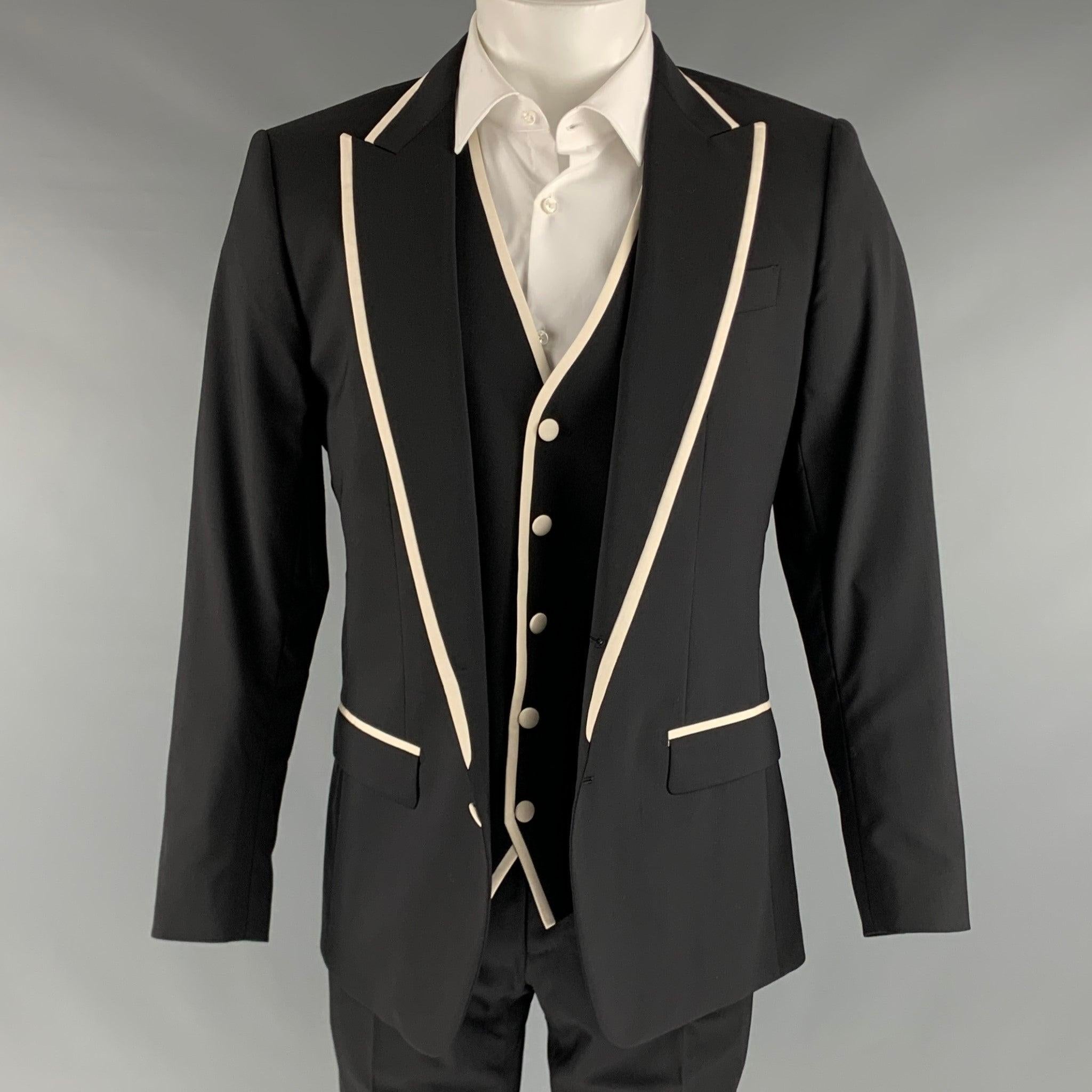 Men's DOLCE & GABBANA Chest Size 38 Black White Solid Wool Blend Peak Lapel Suit For Sale