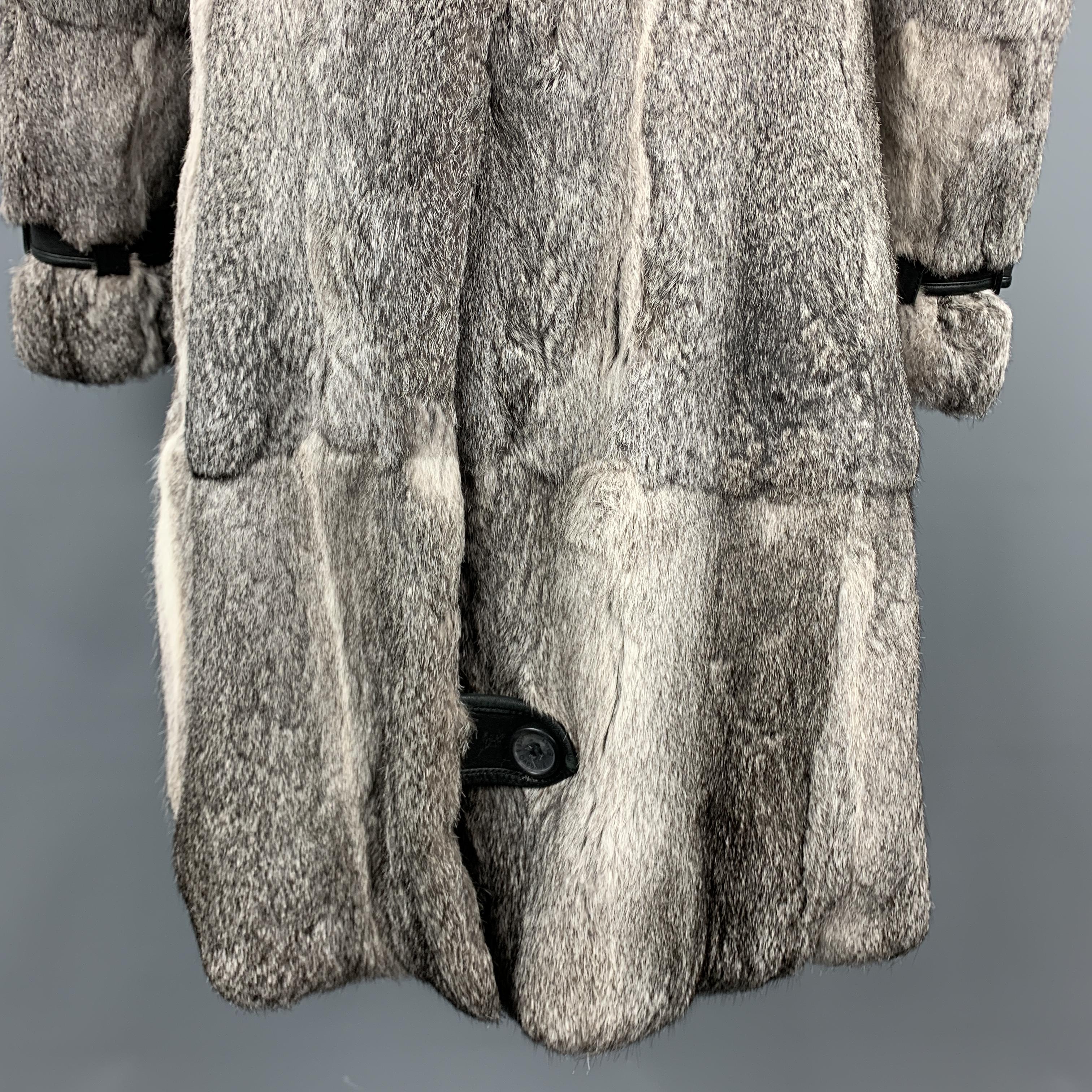 DOLCE & GABBANA Chest Size 38 Gray Rabbit Fur Leather Double Breasted Long Coat In Excellent Condition In San Francisco, CA