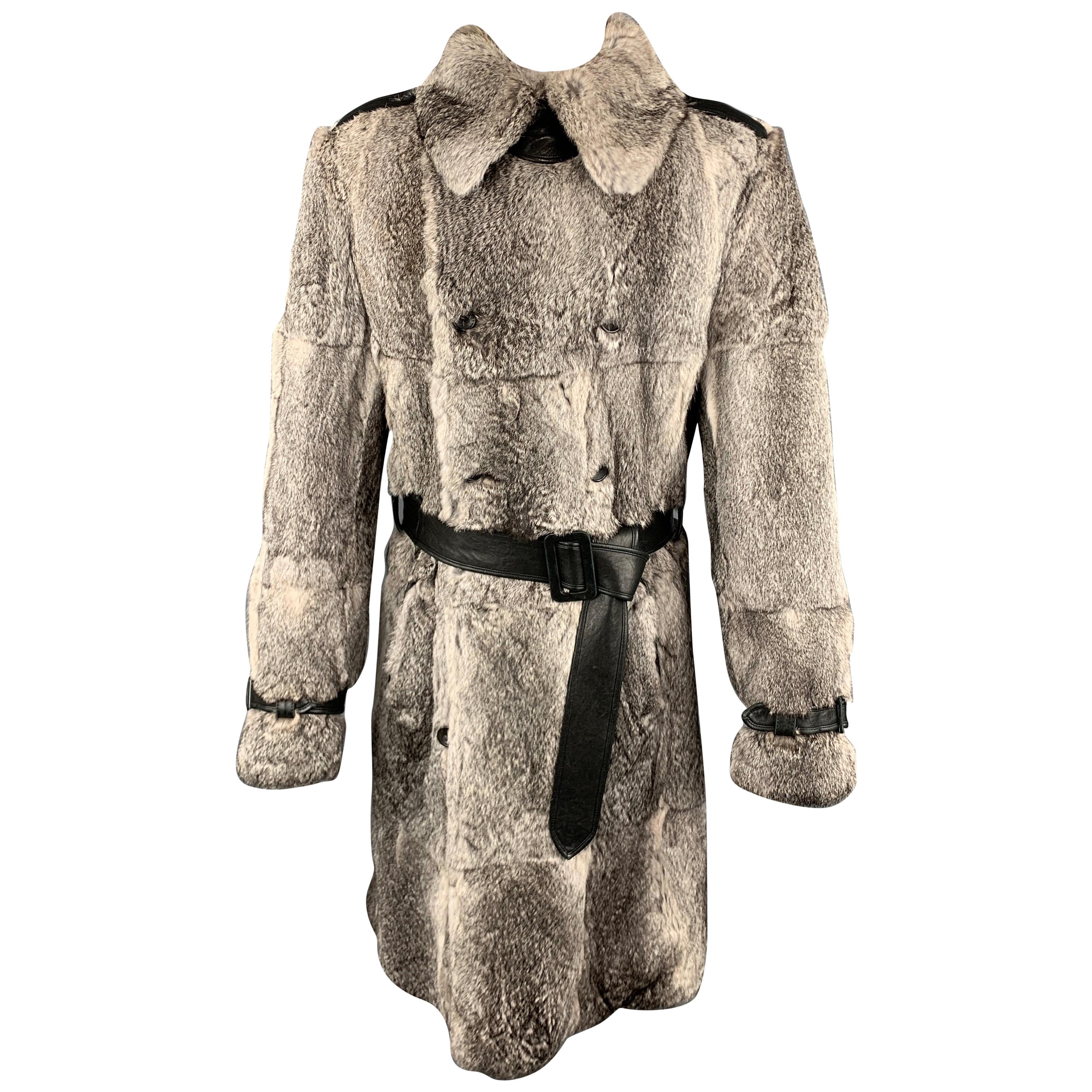 DOLCE & GABBANA Chest Size 38 Gray Rabbit Fur Leather Double Breasted Long Coat