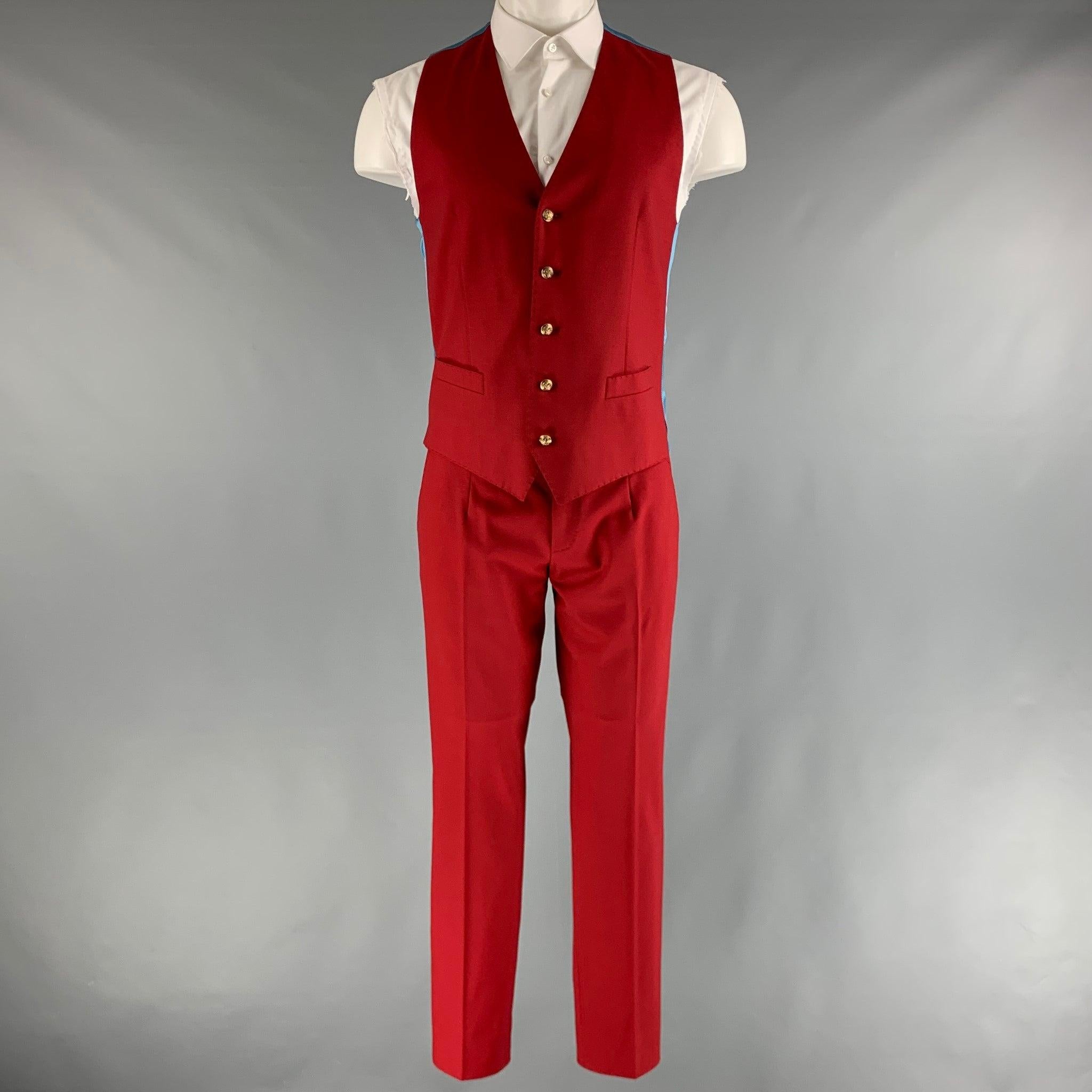 DOLCE & GABBANA Chest Size 38 Red Solid Wool  Elastane Peak Lapel 30 29 Suit 2