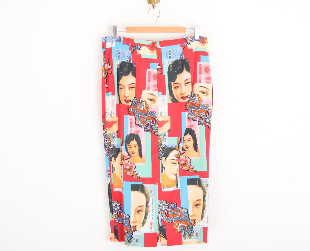 Y2k Dolce & Gabbana Chinese Advertising Printed Pattern Loud Satin Pencil Skirt 1