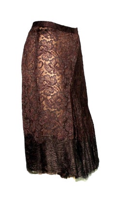 UNWORN Dolce & Gabbana Y2K Chocolate Brown Pleated Lace Silk Skirt 40