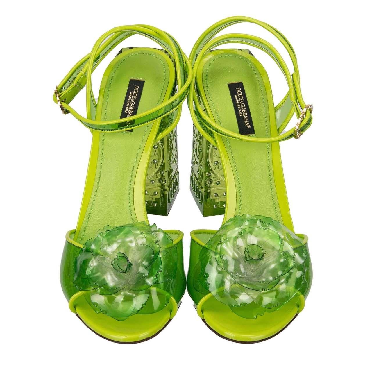 - Cinderella Crystal Heel Sandals KEIRA with flower in green by DOLCE & GABBANA - MADE IN ITALY - RUNWAY - Dolce & Gabbana Fashion Show - New with Box - Model: CR0736-AZ583-80520 - Material: 80% PVC, 12% Plastic, 3% Cotton - Inside Material: Leather