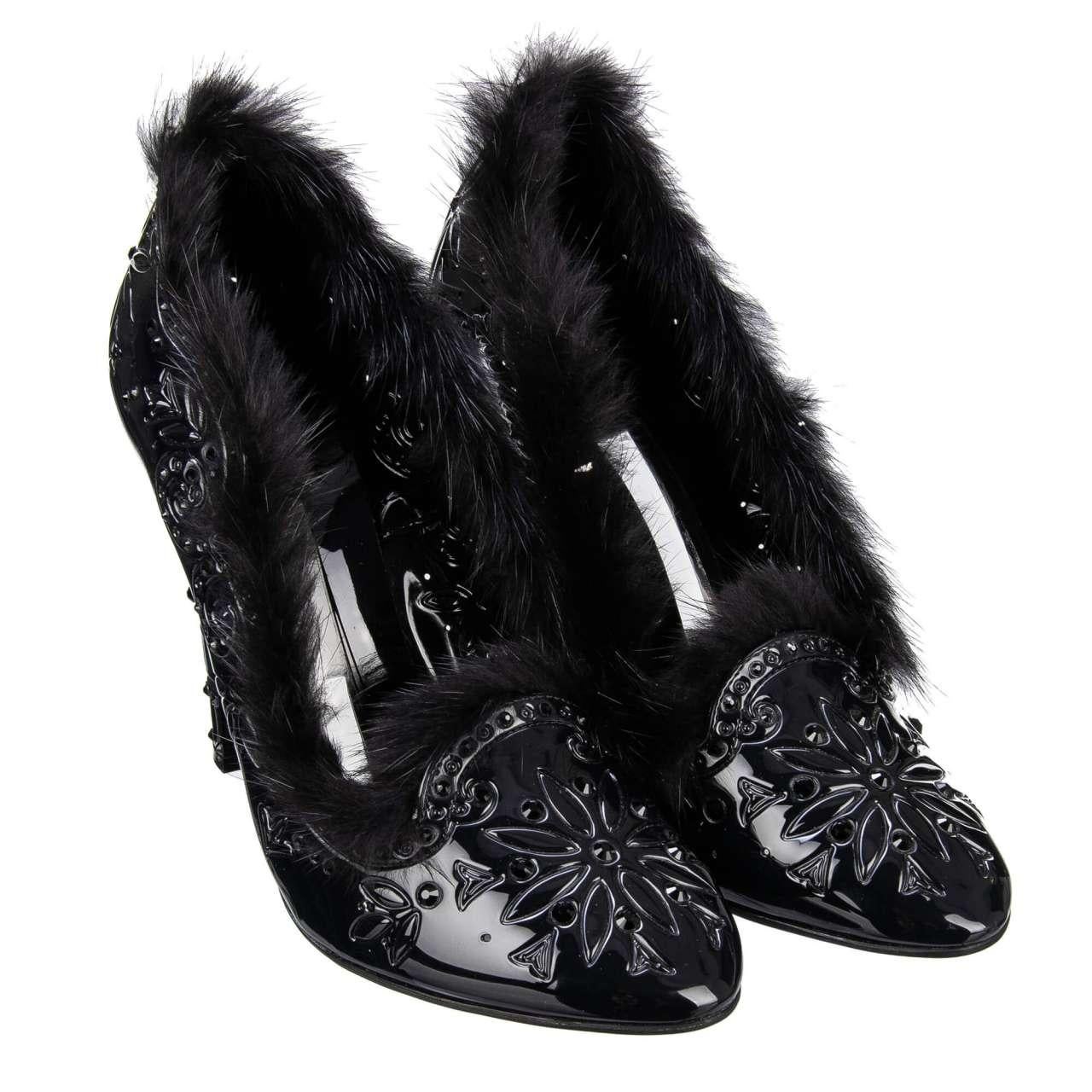 Women's Dolce & Gabbana - Cinderella Fur and PVC Pumps with Crystals Black 37 For Sale